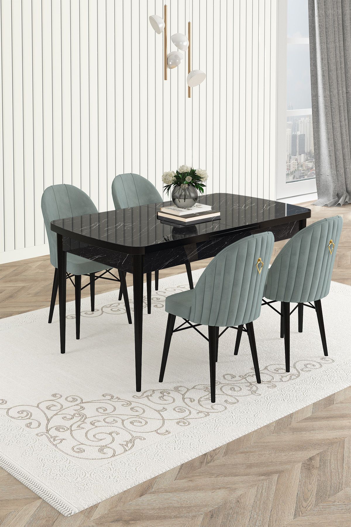 Haus concept Siyah Mermer 80x132 Açılabilir Mutfak Masa Takımı ve Yemek Odası Takımı 4 Adet Sandalye