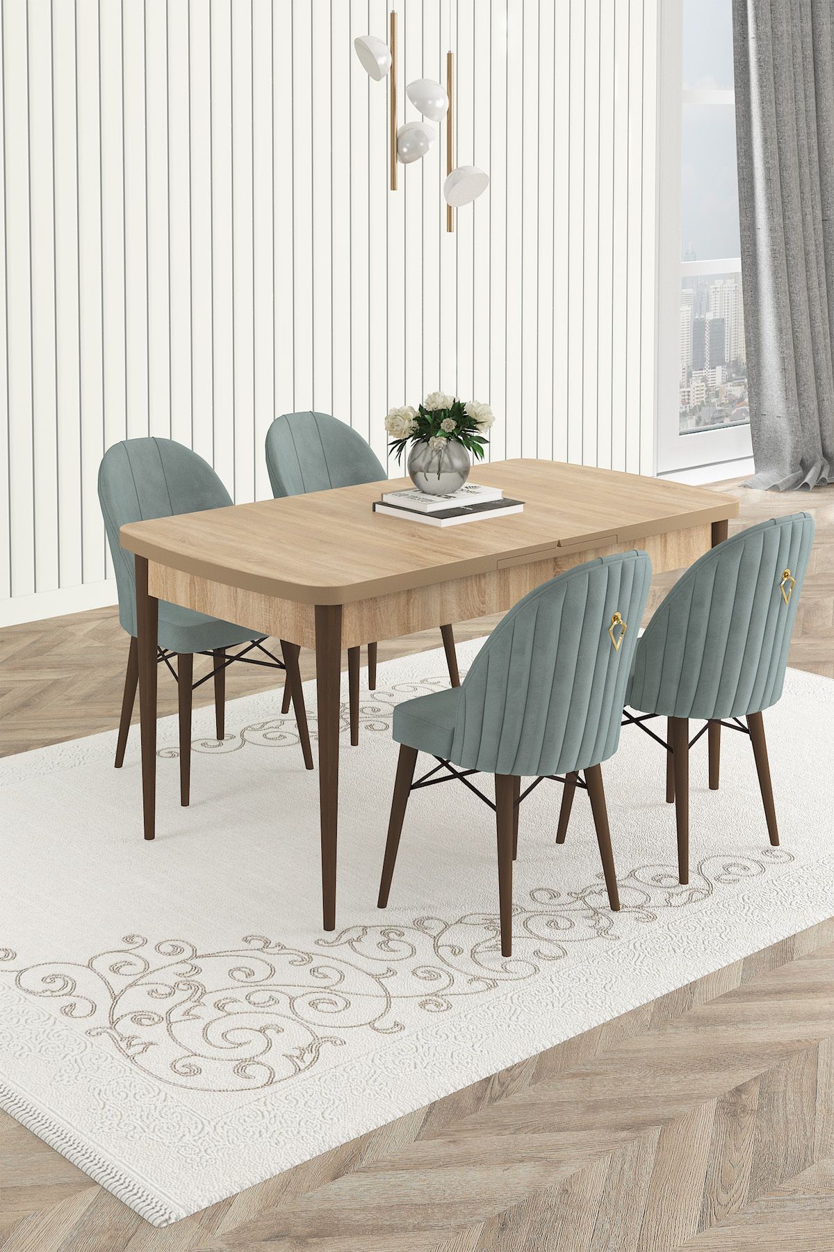 Haus concept Meşe Desen 80x132 Açılabilir Mutfak Masa Takımı ve Yemek Odası Takımı 4 Adet Sandalye