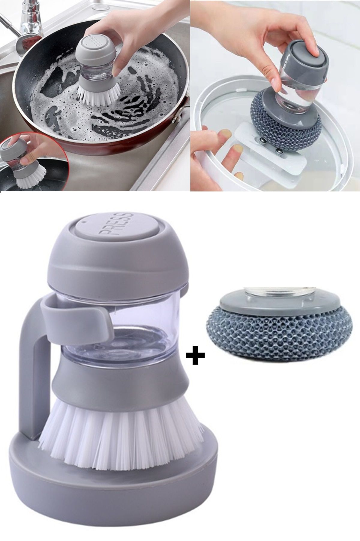 Kitchen Beauty Standlı Sıvı Deterjan Hazneli Bulaşık Fırçası Mutfak Banyo Lavabo Yıkama Fırçası Ve Bulaşık Teli