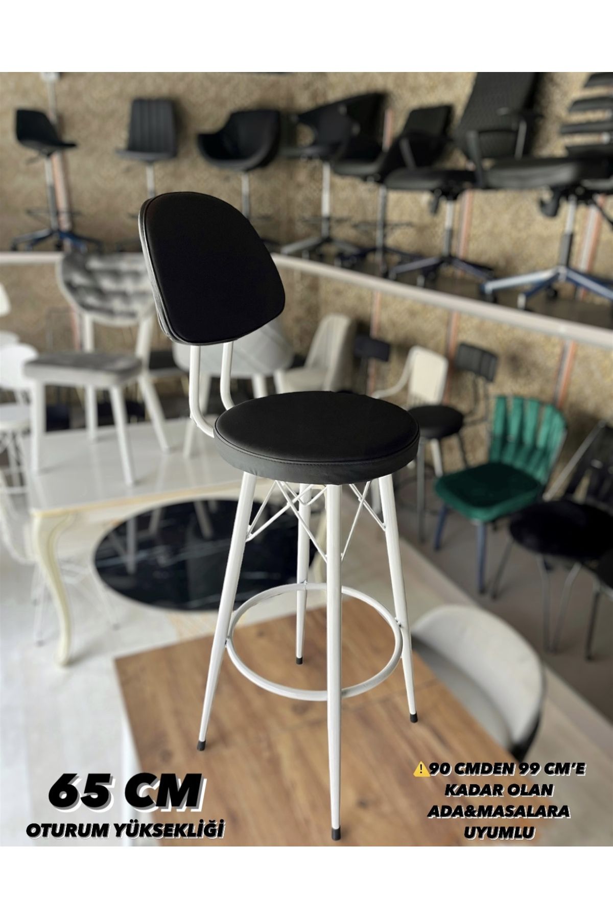 Sandalye Shop Yeni Dolce Tasarım Bar Sandalyesi Deri 65 cm Siyah.90 ile 99 cm arası ada&masalara uyumlu