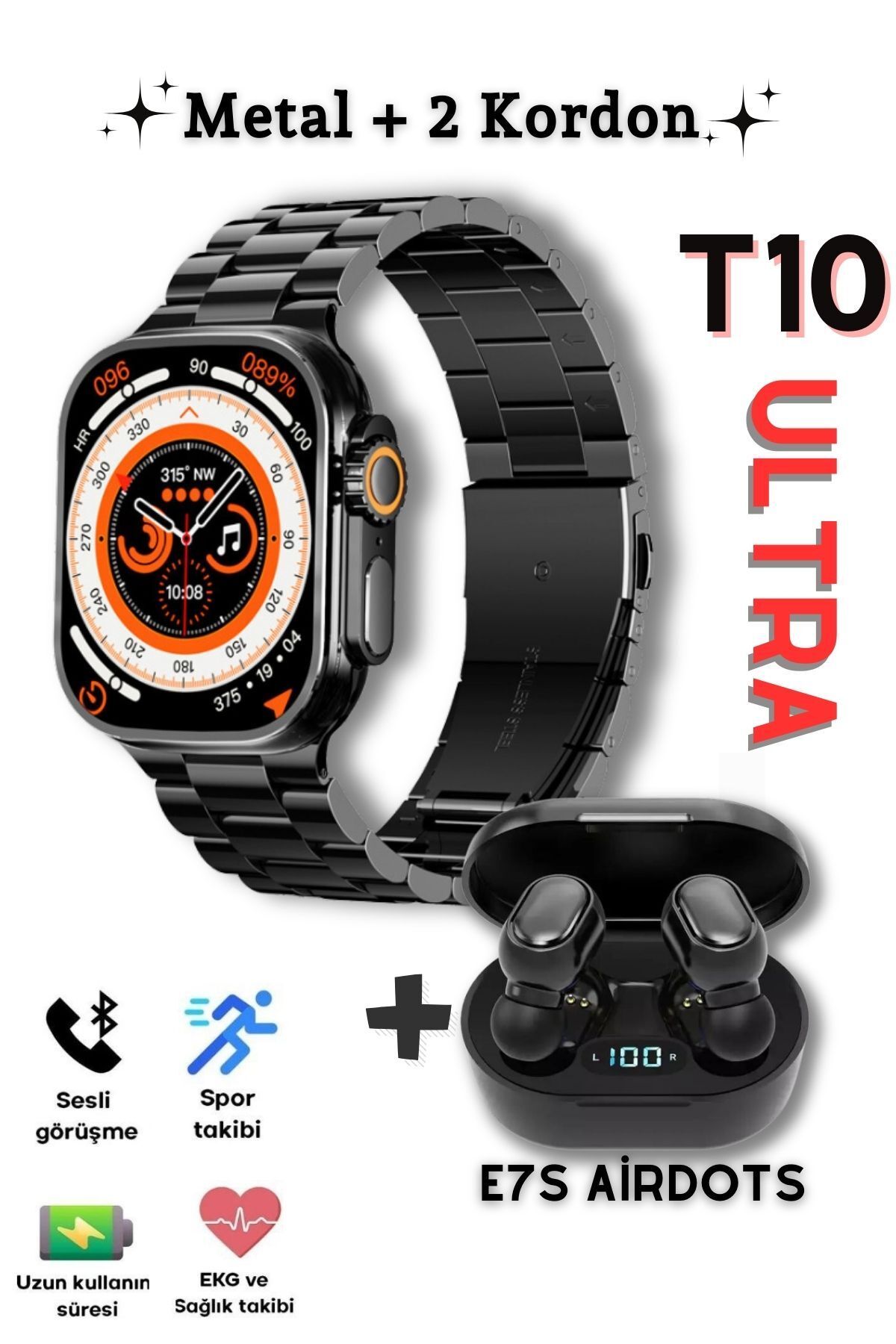 Favors Watch 8 T10 Ultra 2,09'' Ekran 49 Mm Vidalı Kordon Kilitli Akıllı Saat E7s Bluetooth Kulaklık