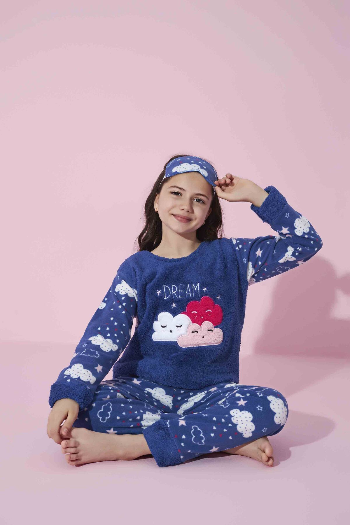 Tarık Kız Çocuk Boy Bulut Desen Lacivert Kışlık Polar Pijama Takımı -2302