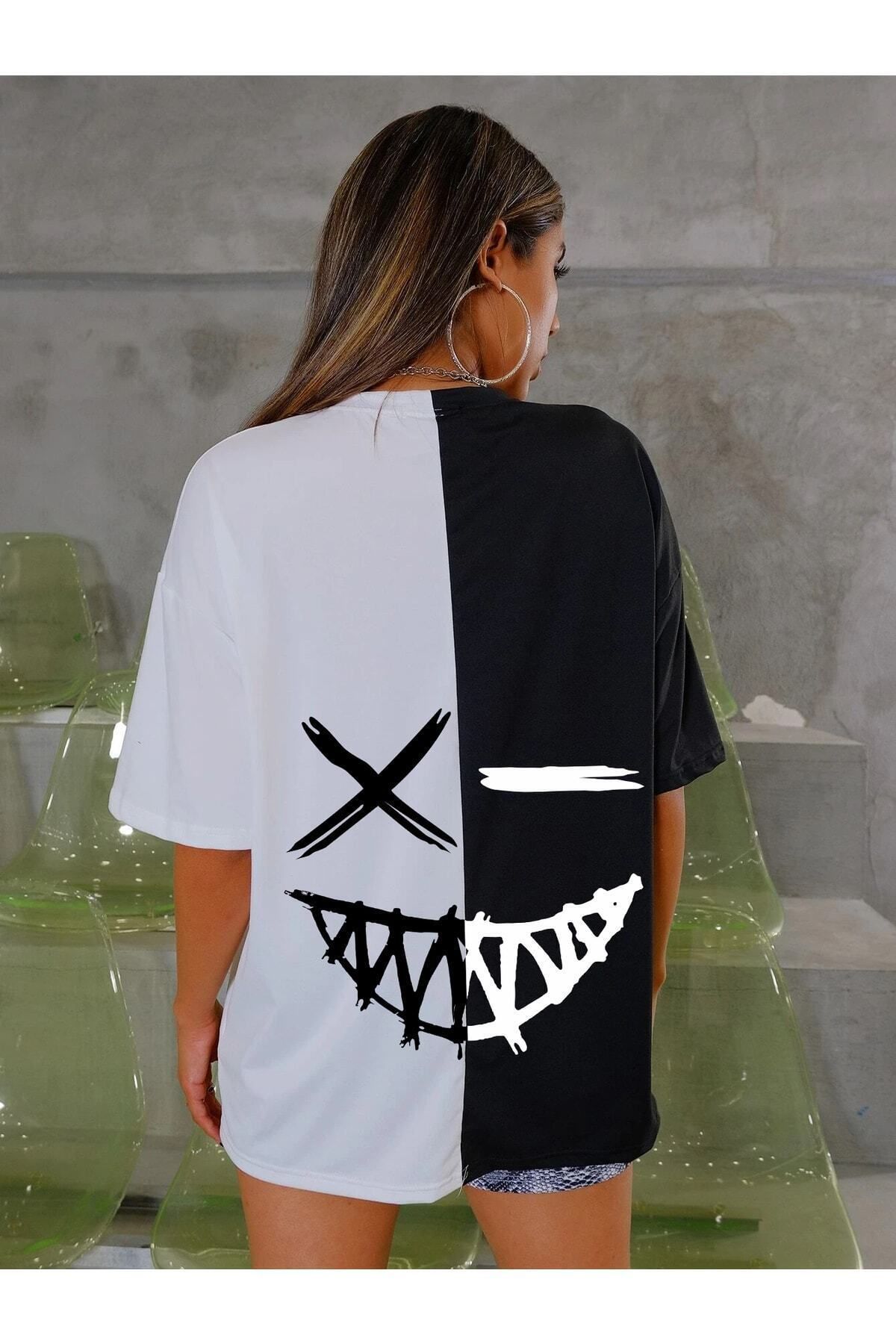 arıkoğlu kumaşçılık Wicromed Unisex Siyah Beyaz Sırt Baskılı Oversize Penye T-shirt Tişört