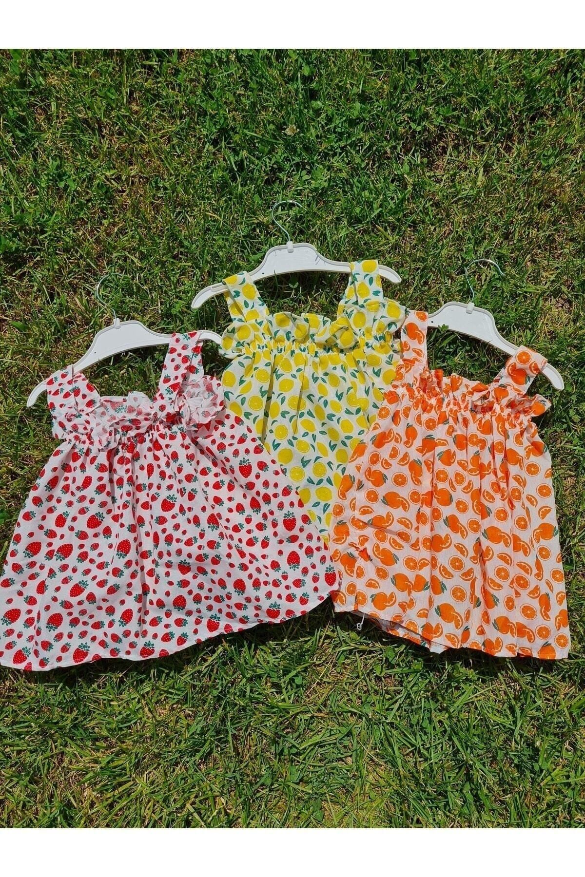 YUKOBABY Kız Bebek 3 Adet Çilek Portakal Limon Baskılı Elbise