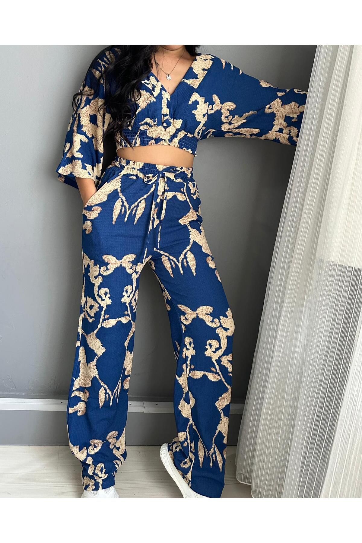 LivaBoss Kadın Mavi Crop Bluz Pantolon Takım