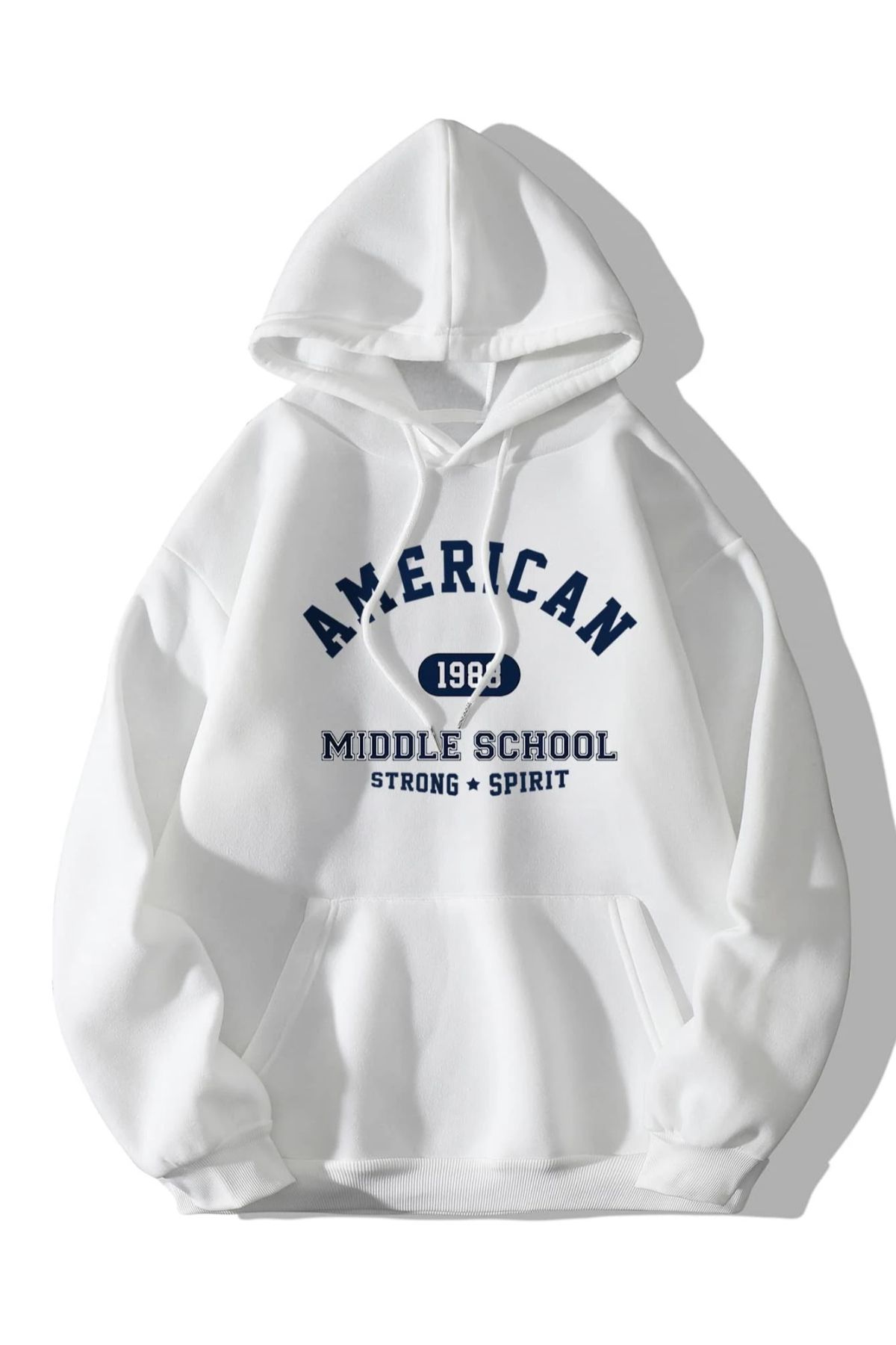 Benisengiydir Unisex Beyaz American Middle Scholl Baskılı Oversize Kapüşonlu Sweatshirt