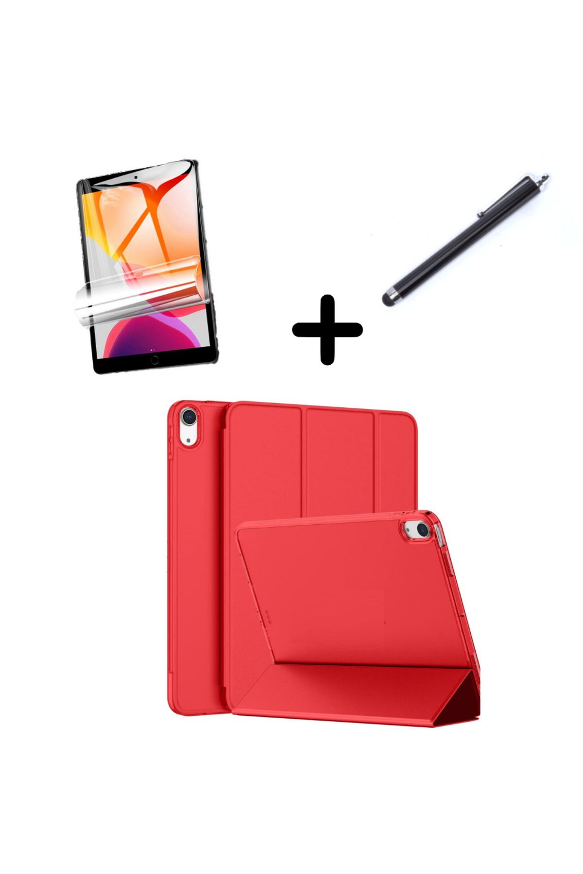 UnDePlus Apple Ipad 7. 8. 9. Nesil 10.2" Kılıf Set Pu Deri Smart Tablet Kilifi Ekran Koruyucu Kalem Kırmızı