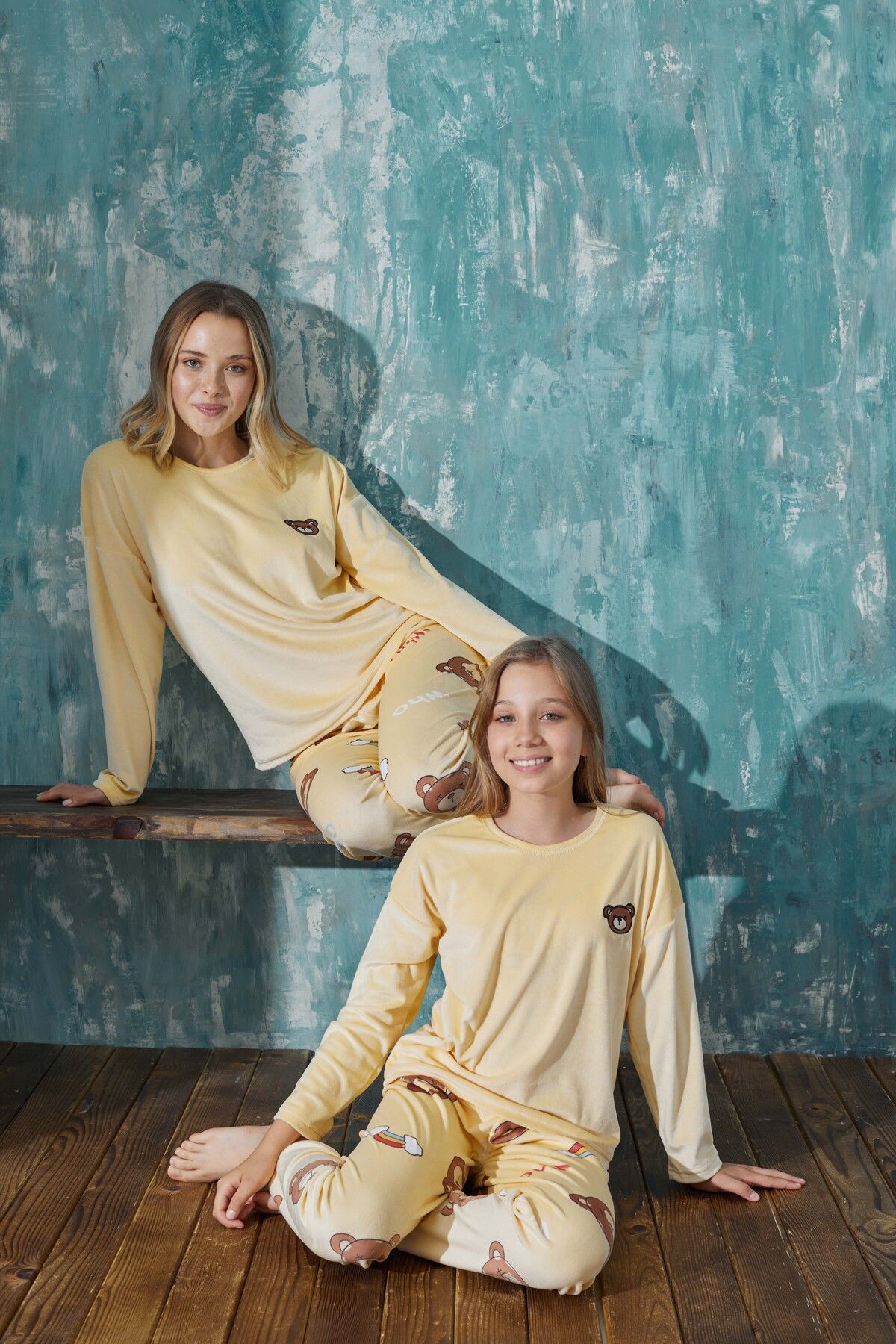 Meba Kadife Ayıcık Desenli Sarı Anne Kız Çocuk Kombin Pijama Takımı -64