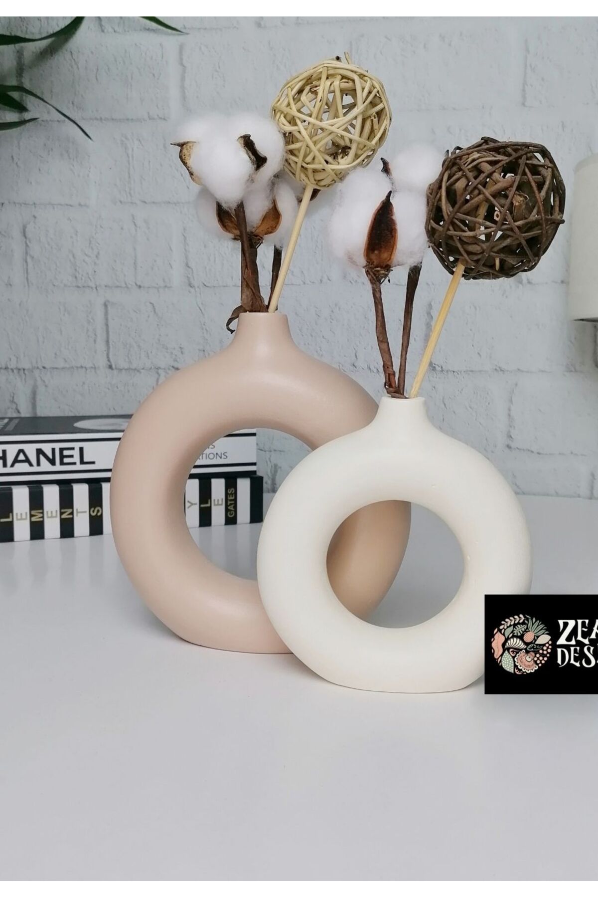 ZEALL DESIGNS Sütlü Kahve - Krem Dekoratif Bohem Halka Vazo 2'li Set Modern Tasarım Donut Obje