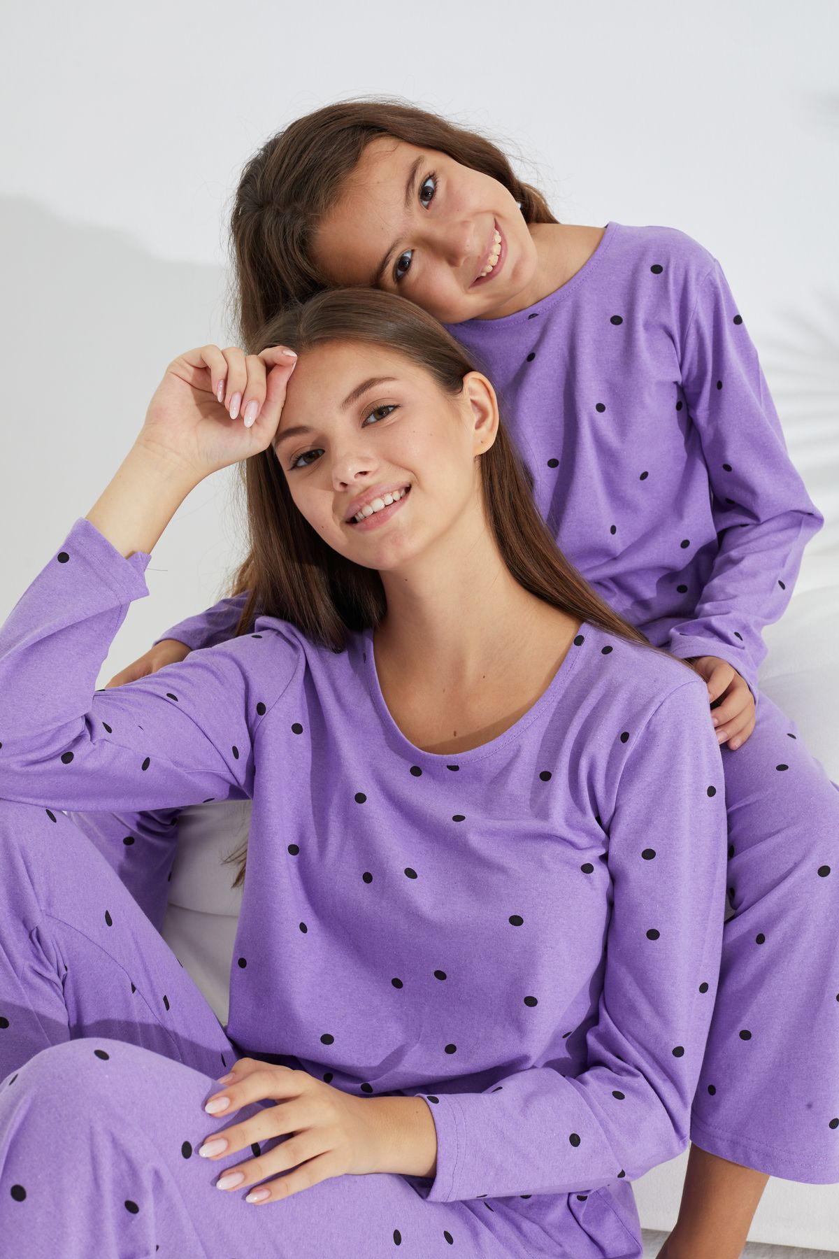 Siyah İnci lila puan desenli Pamuklu Pijama Takımı