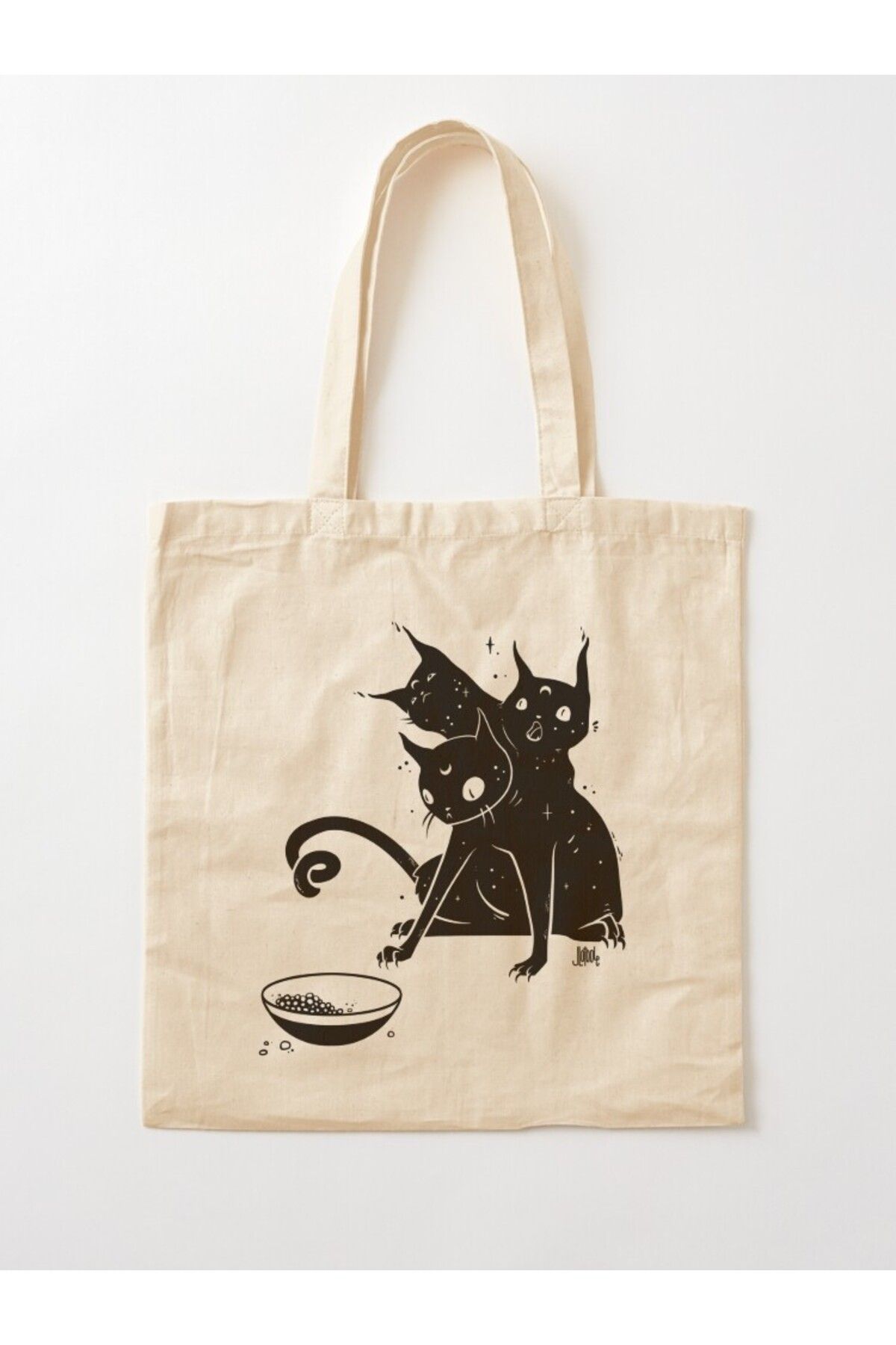 w house Körüklü Bez Omuz Çantası 12408 - Creepy Cute Three Headed Black Cat Artwork