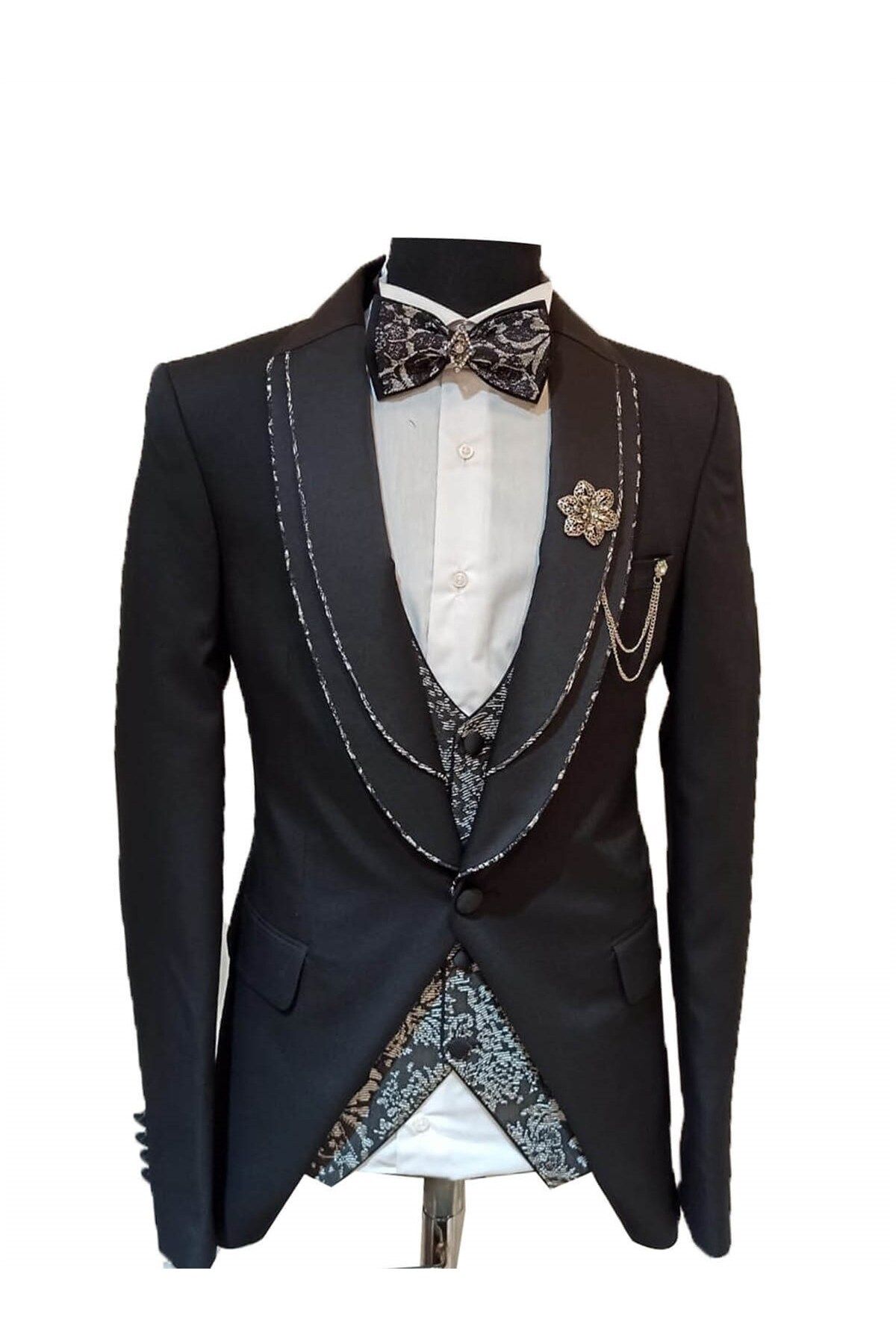 MASERTO Slim Fit Siyah Özel Dikim Damatlık