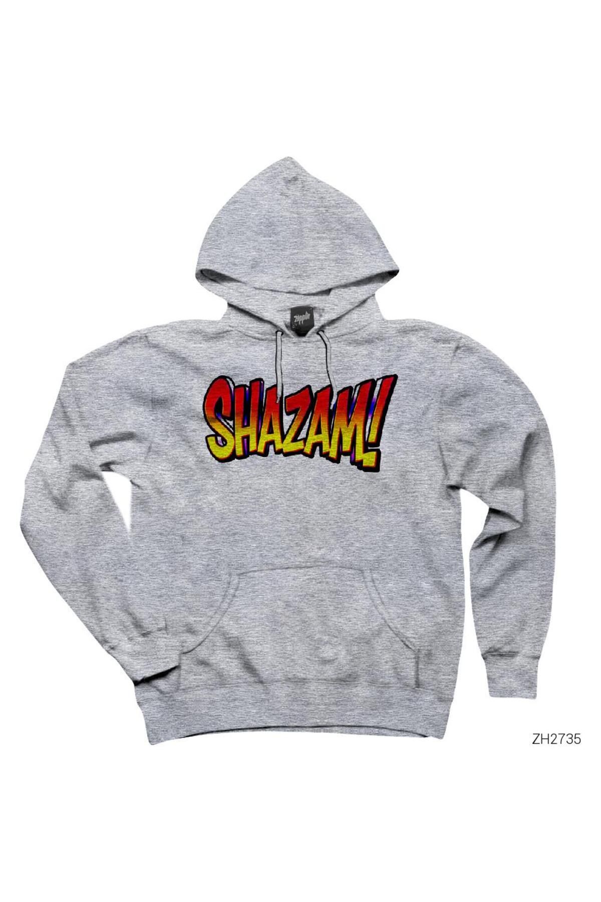 Genel Markalar Shazam Logo 2 Gri Kapşonlu Sweatshirt Hoodie