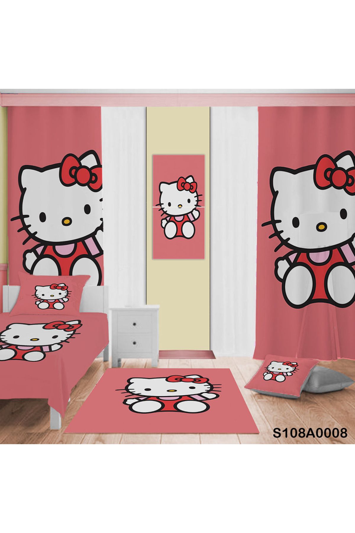 A2ZTR Hello Kitty Desenli Yatak Örtüsü, Perde Çift Taraf, Yastık, Kırlent Kılıfı , Halı Ve Tablo