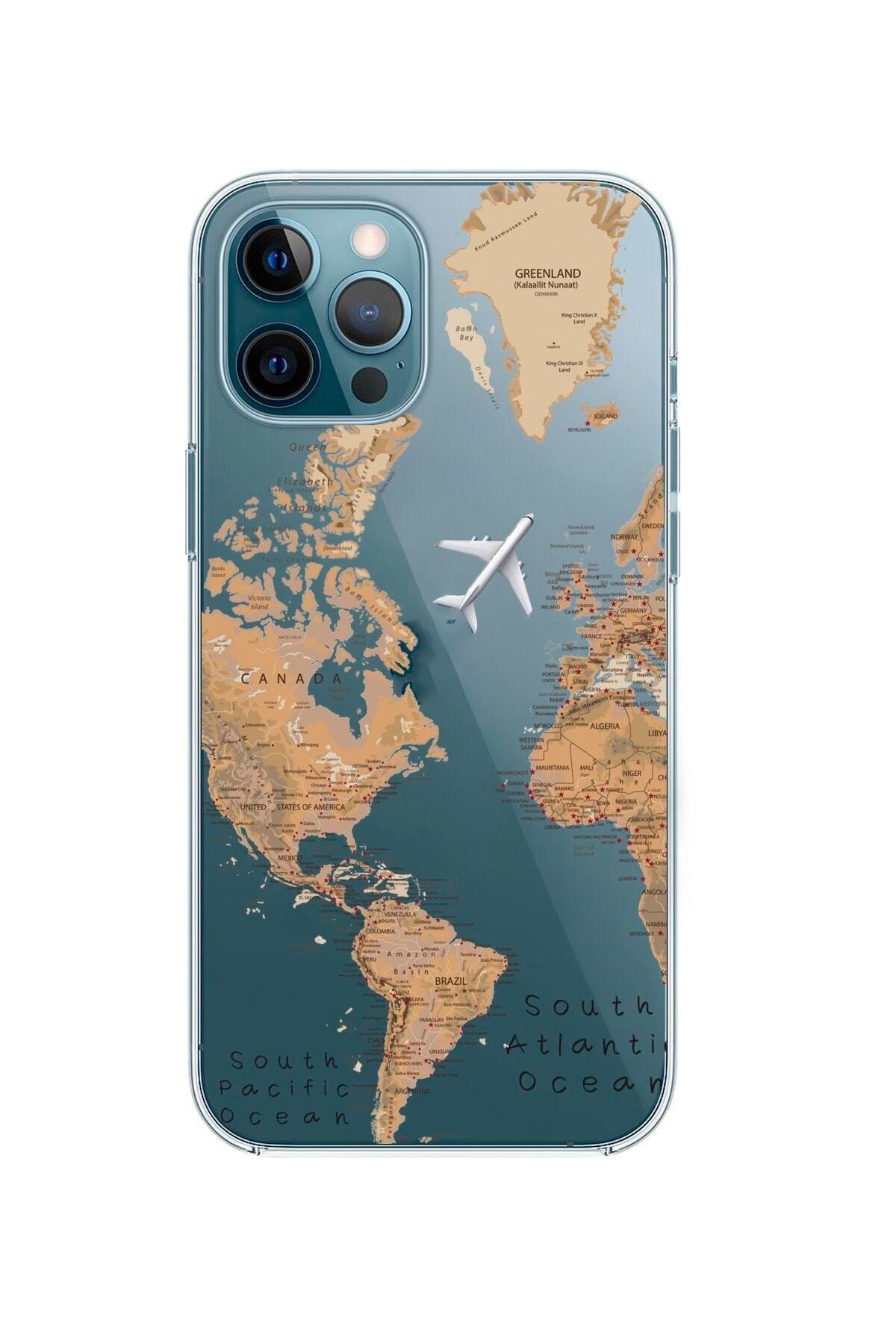 mooodcase 12 Pro Max Dünya Harita Desenli Premium Şeffaf Silikon Kılıf