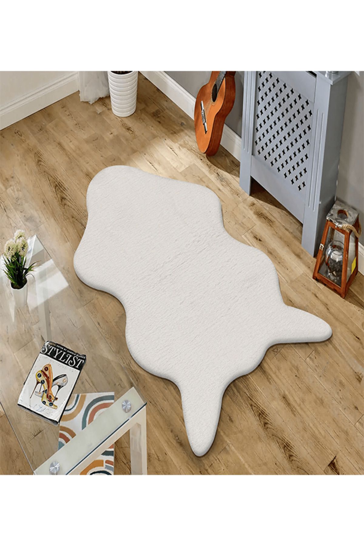 LİNOS HOME Beyaz Fluffy Kürk Peluş Halı Ayı Postu Post Kaymaz Taban Yumuşacık Modern Halı