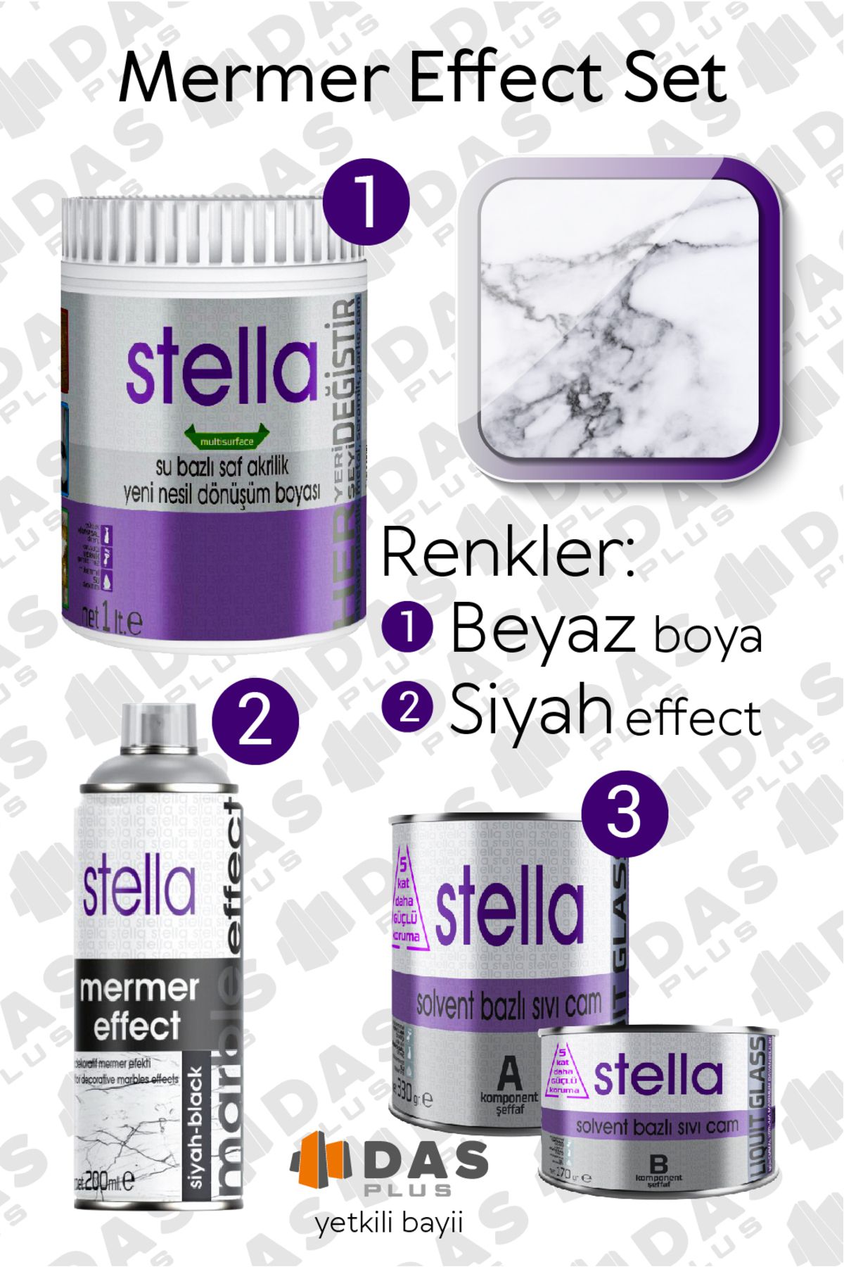 Stella Dasplus - 1000ml Set Beyaz Boya Siyah Mermer Efekt Solvent Bazlı Sıvı Cam Parlak.