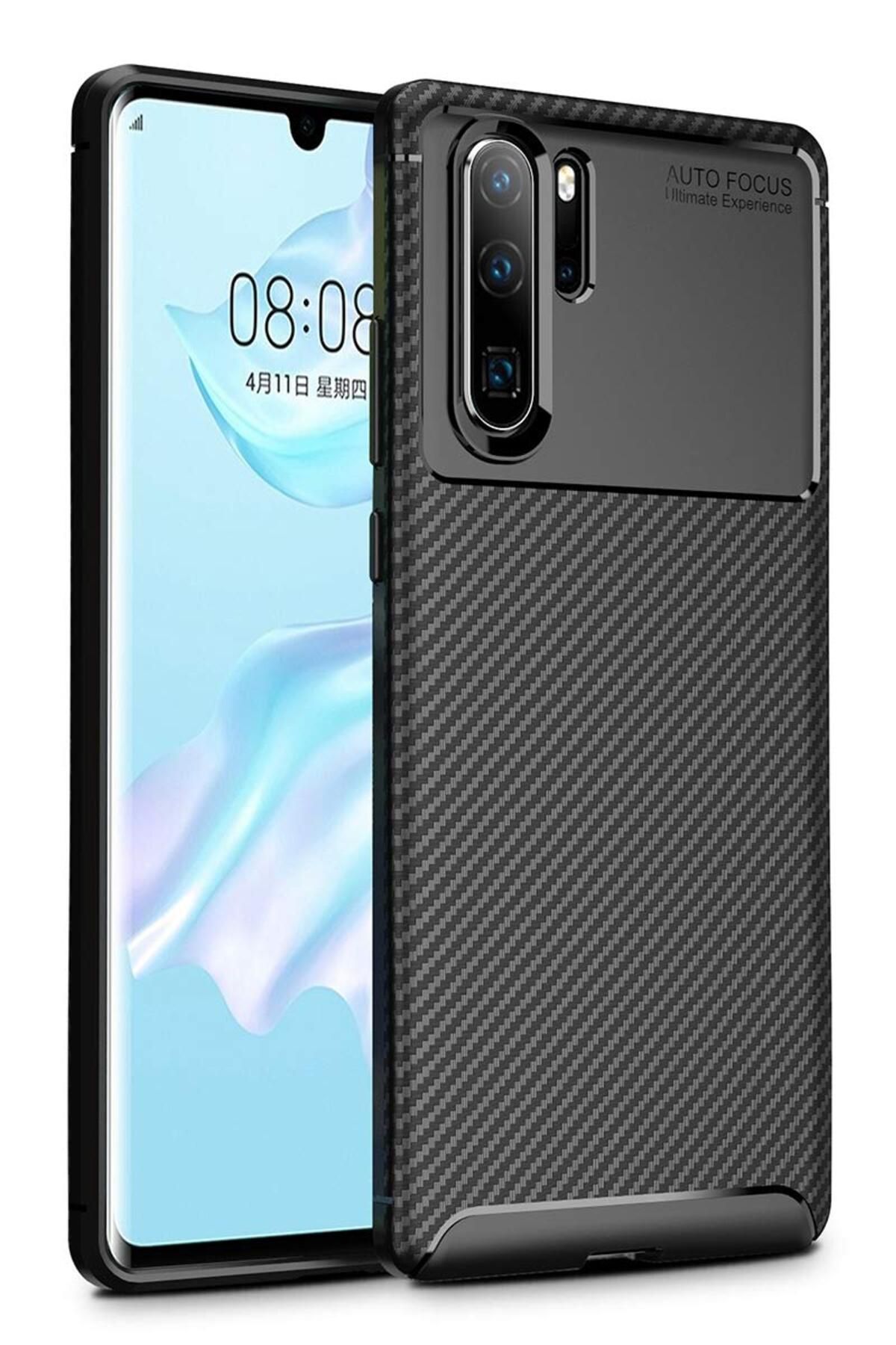 Moraksesuar Huawei P30 Pro Kılıf Sert Korumalı Zırh Karbon Fiber Kapak Siyah