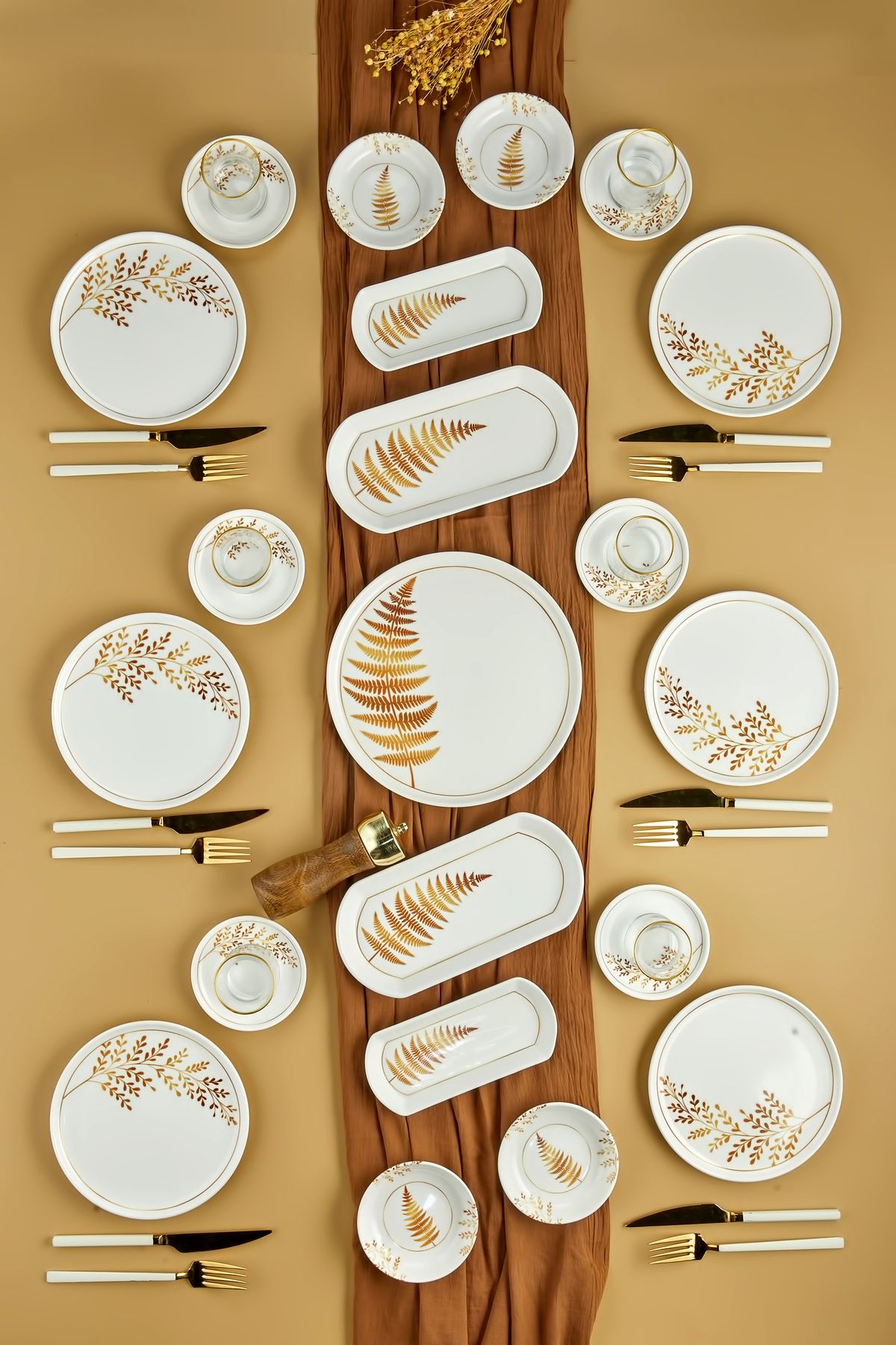 Erbaşlar İndia Gold Desen Lüx Seramik 21 Parça 6 Kişilik Yuvarlak Dijital Kahvaltı Takımı, Kahvaltı Seti