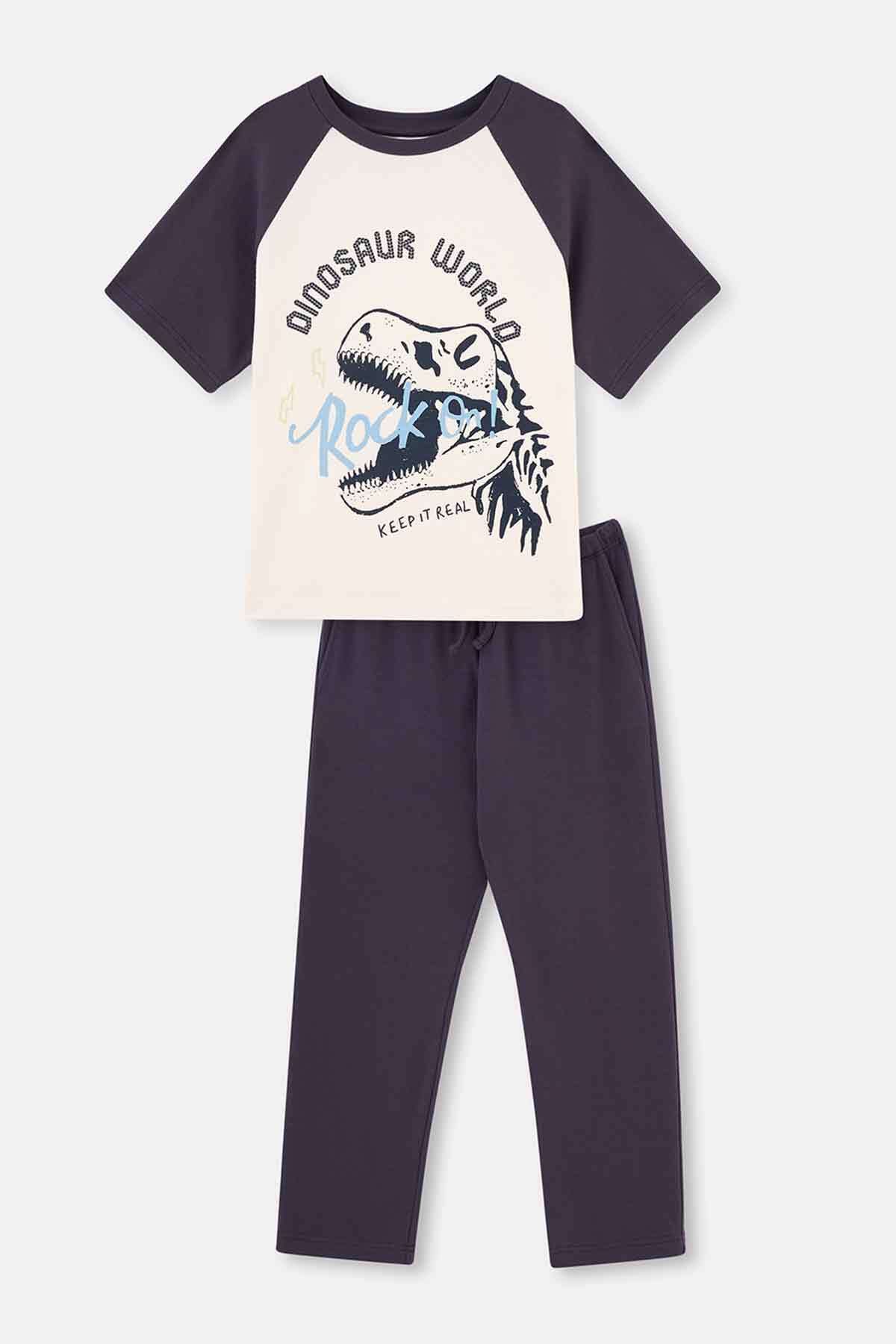 Dagi Antrasit Kısa Kollu Dinozor Baskılı Pijama Takımı