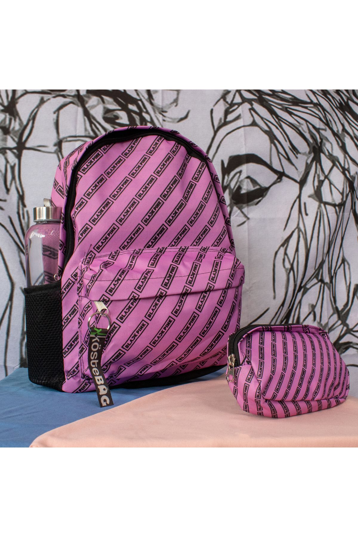 Köstebek Suluk Bölmeli Pembe Black Pink Logo Kolaj Kalemlikli Okul Sırt Çantası