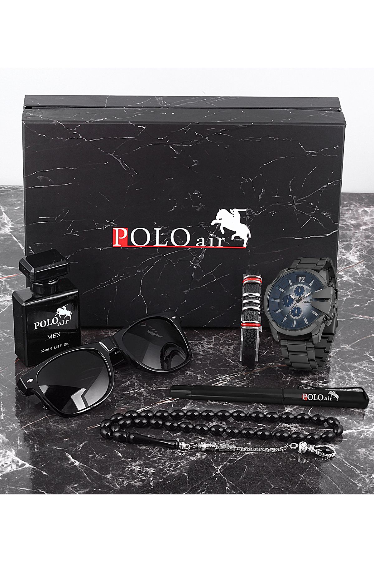 polo air Erkek Set Saat Gözlük Parfüm Tesbih Kalem Bileklik Özel Kutulu Siyah-Mavi Renk