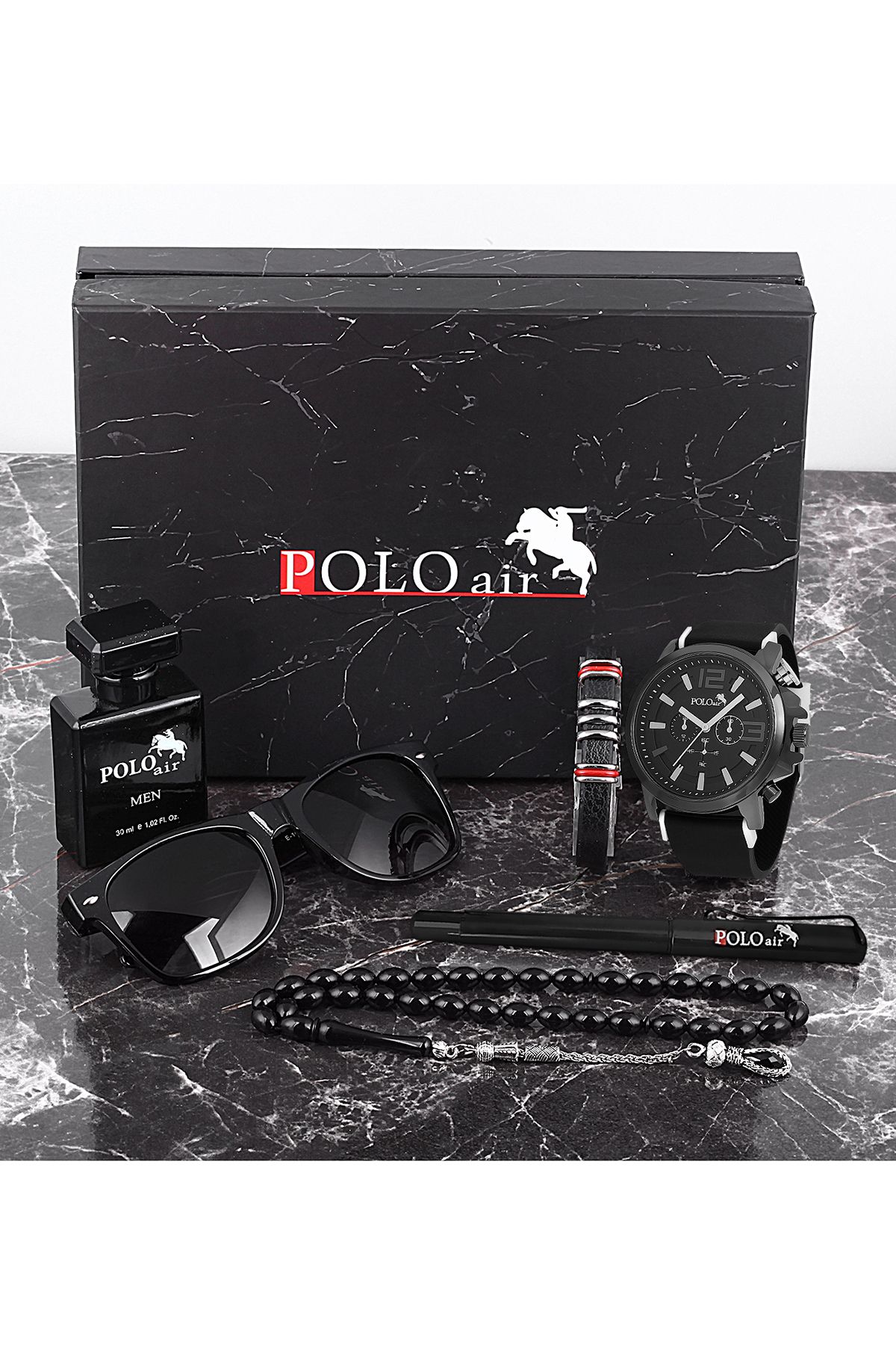 polo air Erkek Set Saat Gözlük Parfüm Tesbih Kalem Bileklik Özel Kutulu Siyah-Beyaz Renk