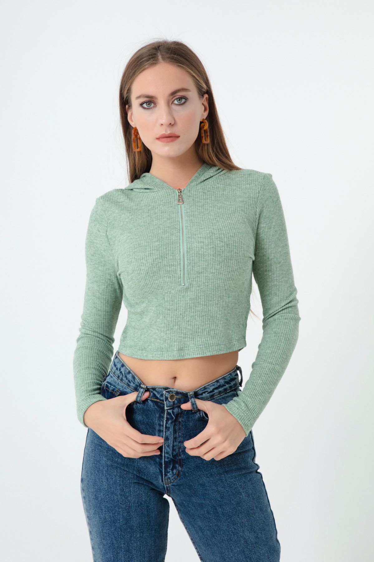 Lafaba Kadın Yeşil Önü Fermuarlı Örme Crop Bluz