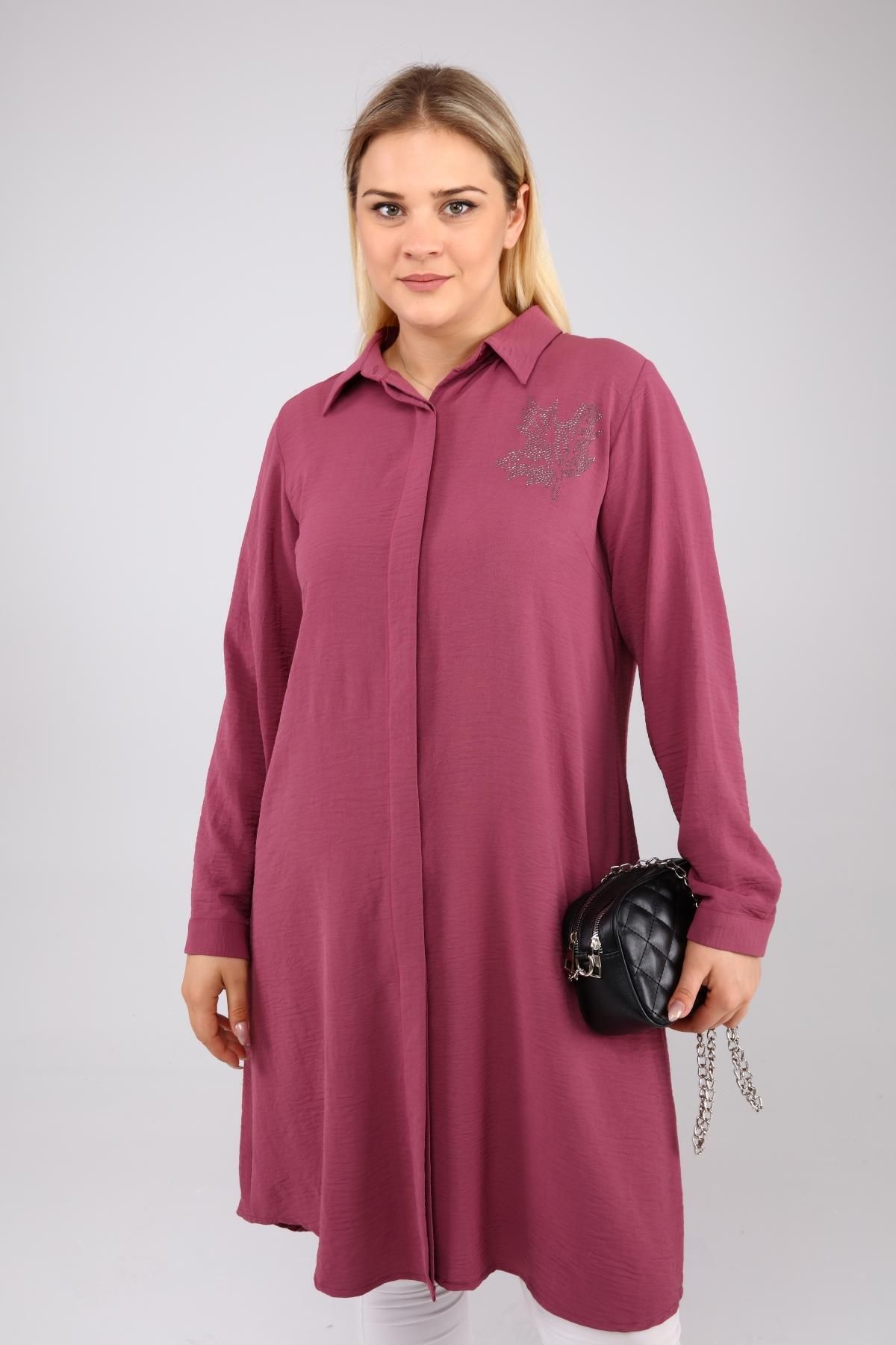Genel Markalar Kadın Büyük Beden Yaprak Baskılı Gömlek Tunik Gül Kurusu