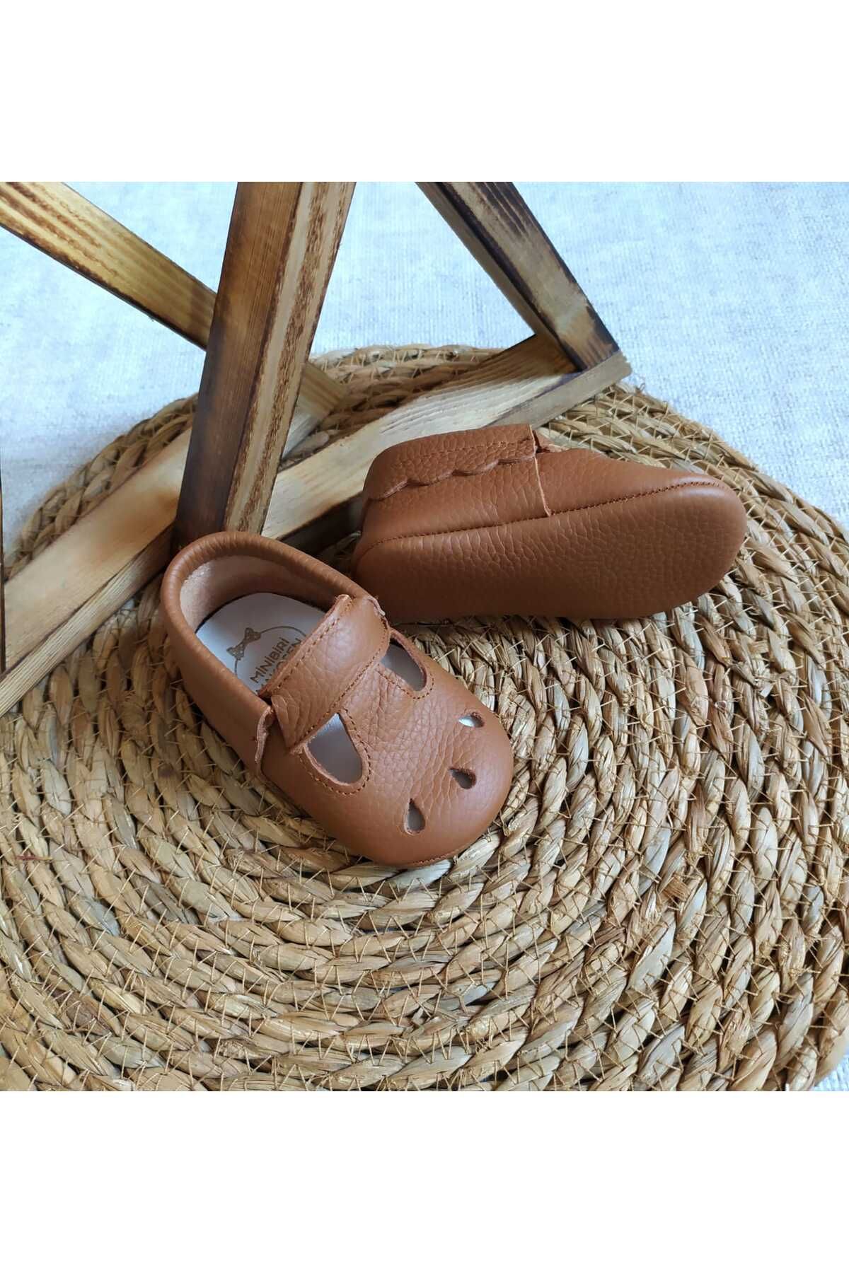 MİNİBİRİ Cosy Model Taba Rengi Hakiki Deri Bebek Makosen Patik Ilk Adım Ayakkabısı