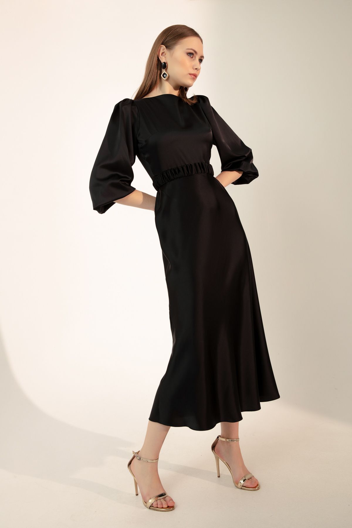 Lafaba Kadın Siyah Uzun Balon Kollu Nişan Elbisesi
