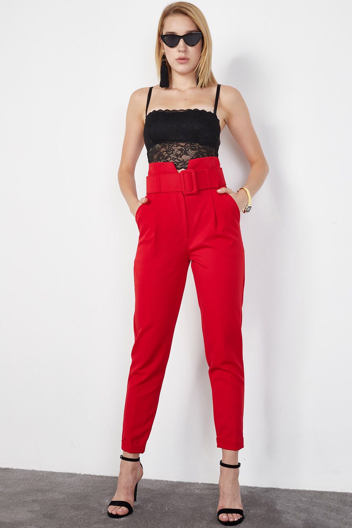 Lafaba Kadın Kırmızı Kemerli Yüksek Bel Pantolon