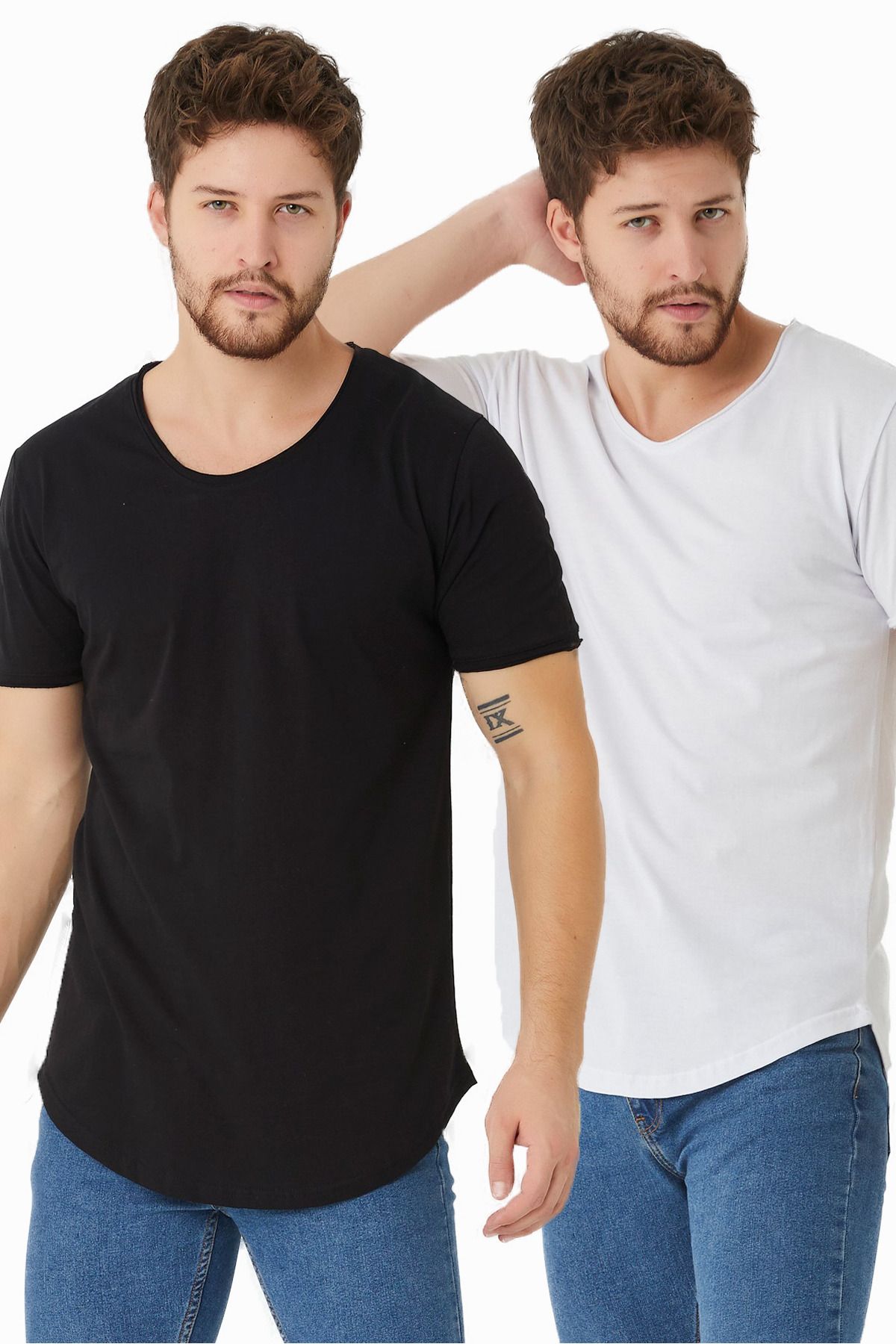 Tarz Cool Erkek Siyah-beyaz Pis Yaka Salaş T-shirt-ikilitcpsr01s