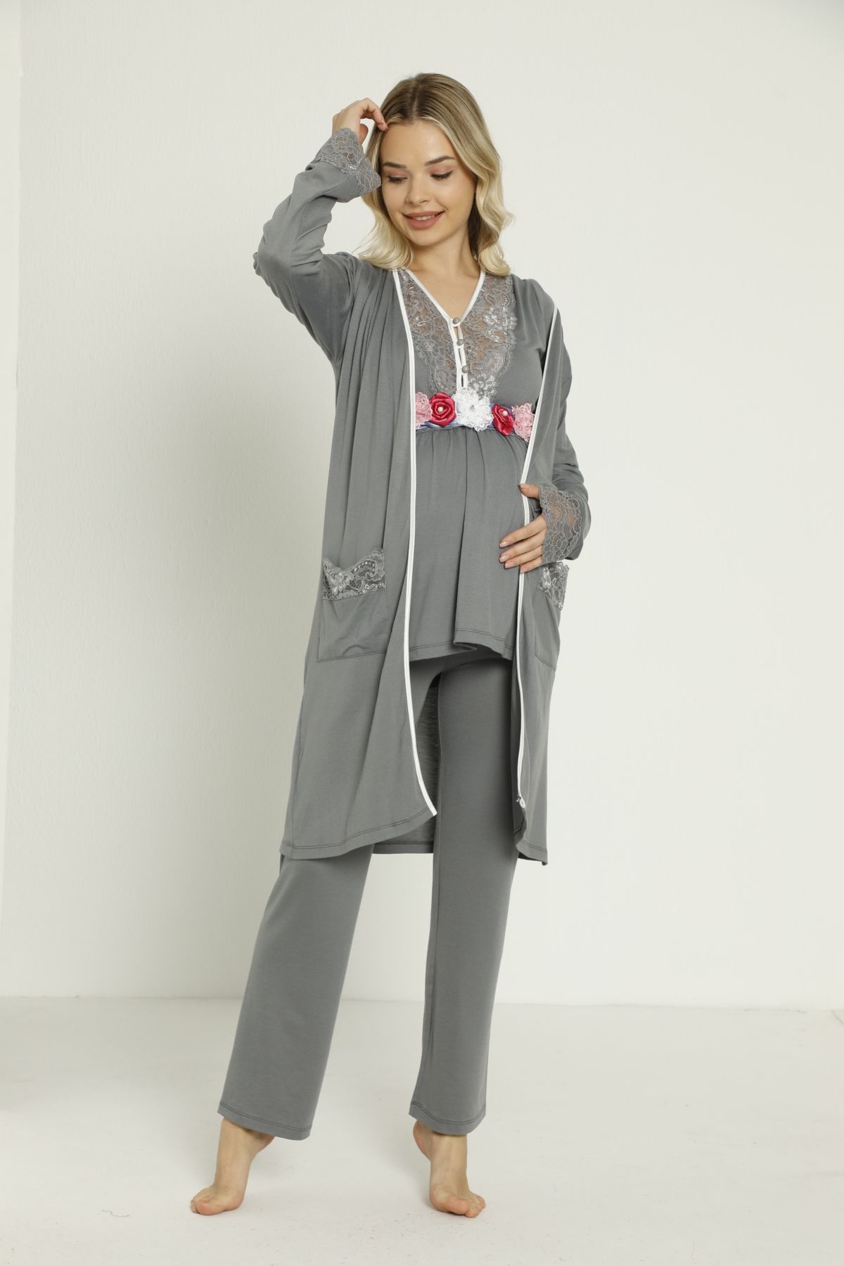 JENİKA Kadın Sabahlıklı 3'lü Hamile Pijama Takım
