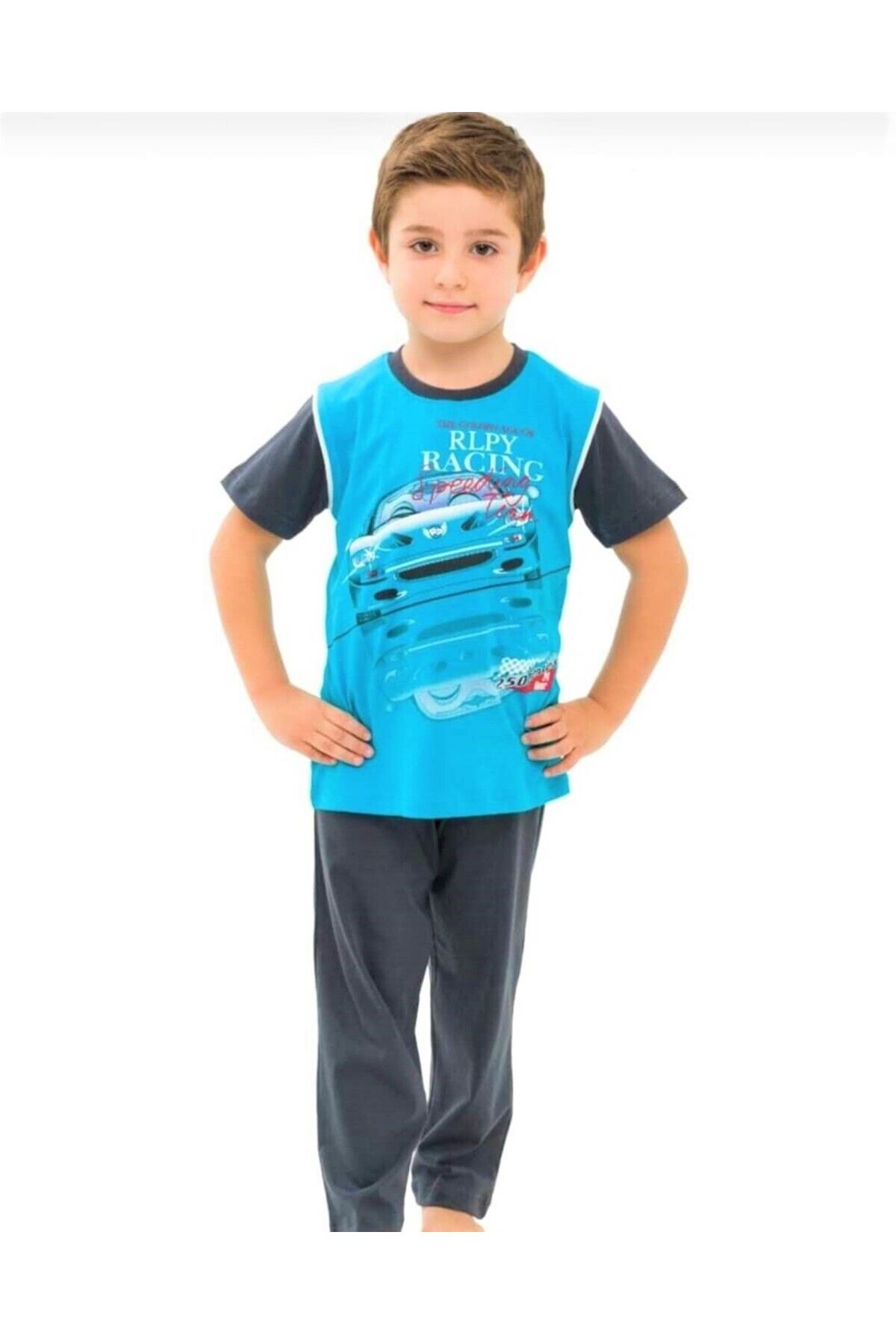 Rolypoly Yazlık Erkek Çocuk %100 Pamuk&cotton Mavi Renk Şort Ve Pantolonlu Üçlü Pijama Takımı