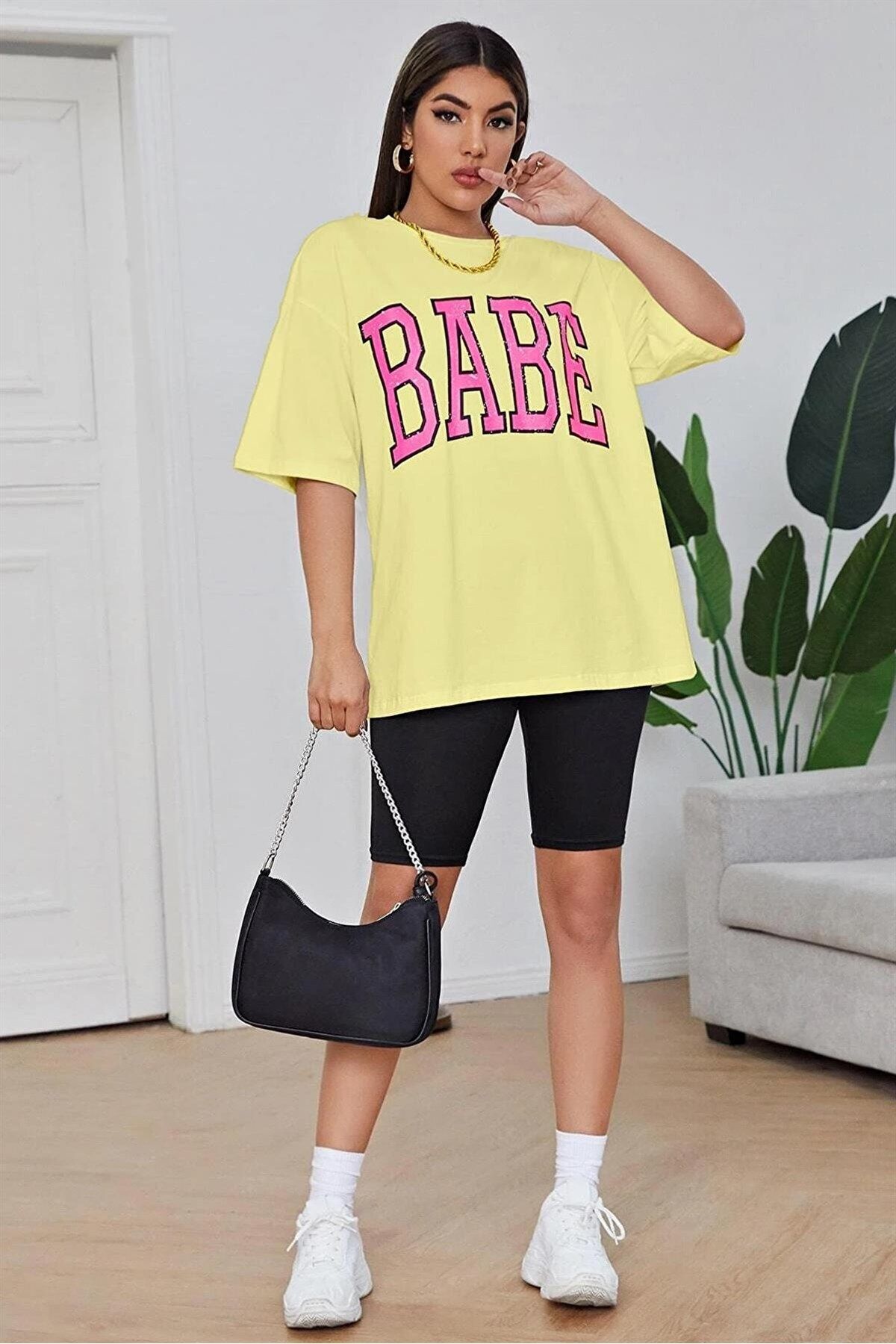 Millionaire Kadın Sarı Babe Baskılı Oversize T-shirt - K2115