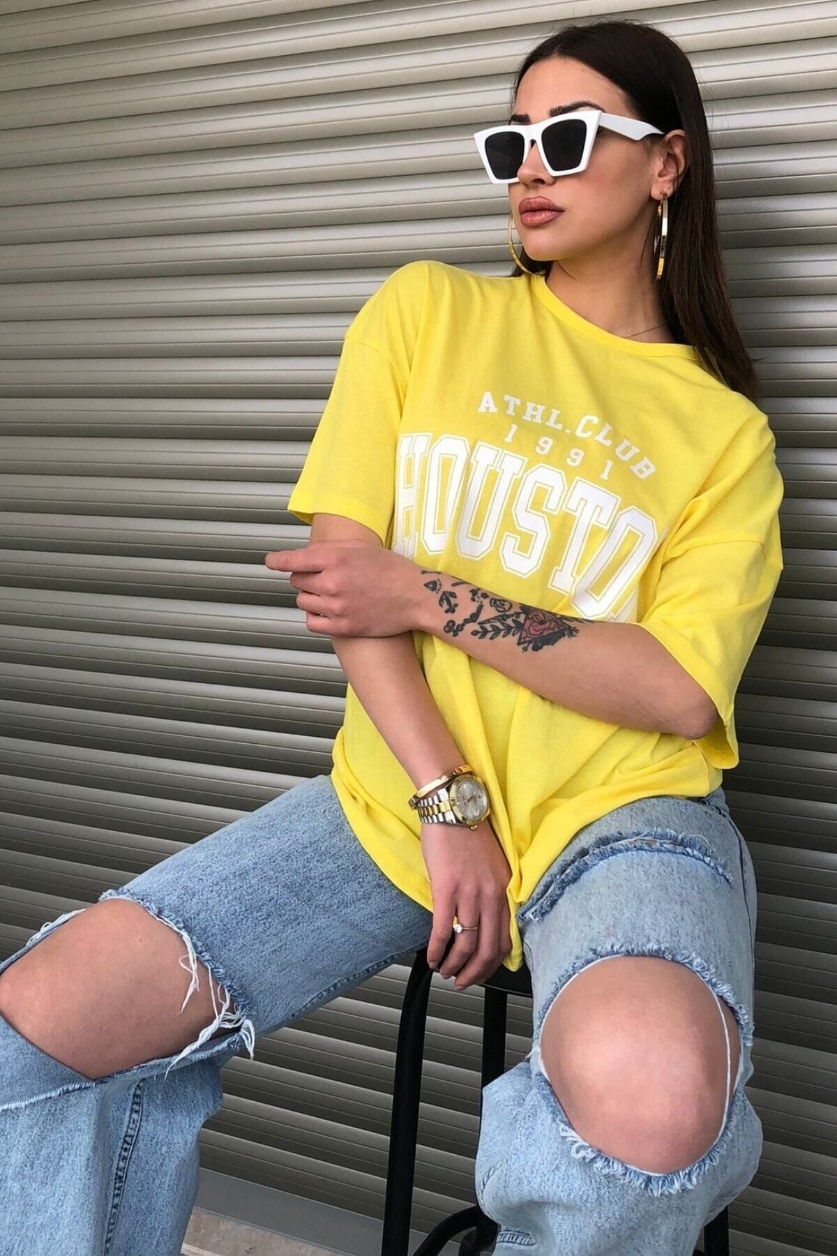 mercoledi Houston Baskılı Kadın Oversize Sarı T-shirt