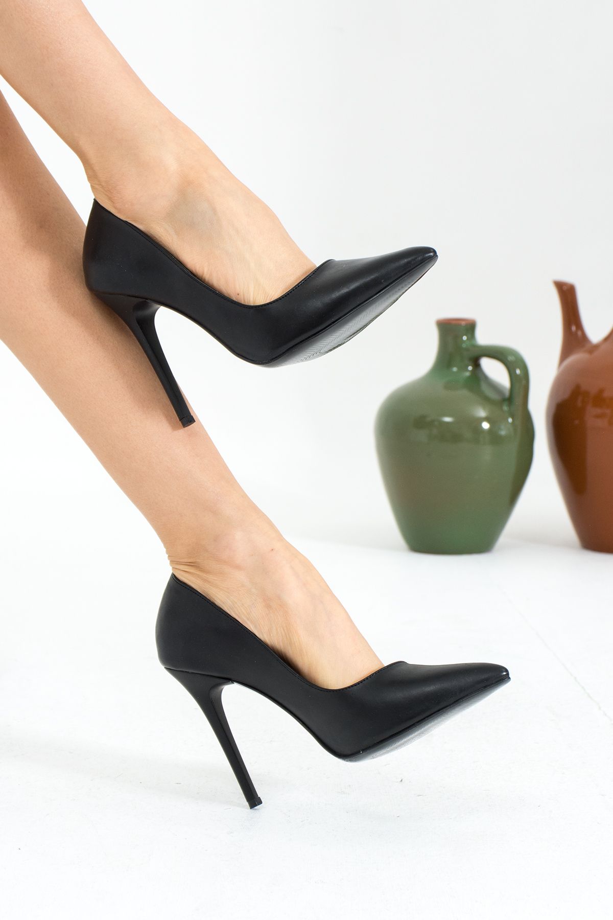 Pembe Potin Kadın Siyah Klasik Topuk Stiletto Gece Abiye Ofis Topuklu Ayakkabı