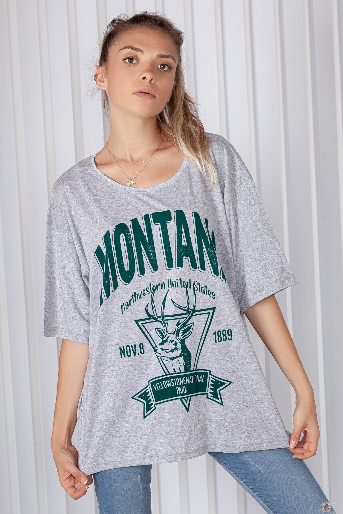 blackbonds Kadın Gri Montana Baskılı Oversize T-shirt