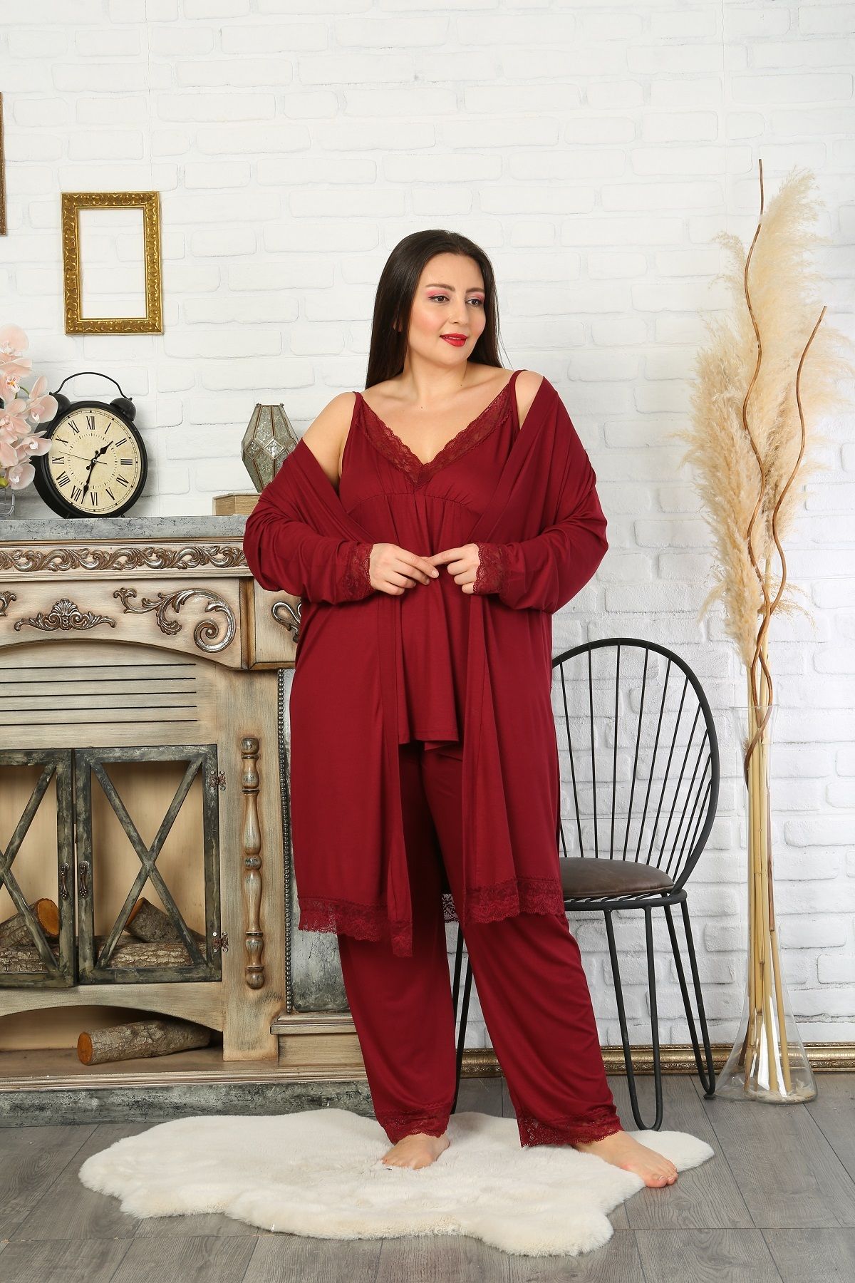 XL Modam Kadın Büyük Beden Bordo Üçlü Pijama Takımı