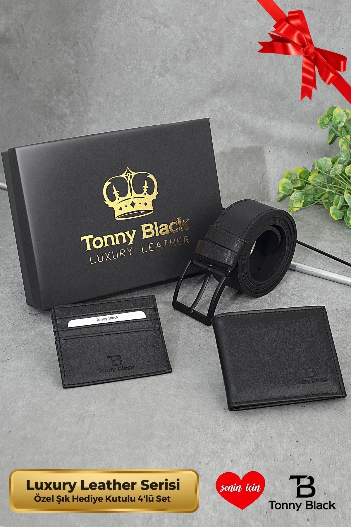 Tonny Black Orijinal Erkek 3'lü Özel Hediye Kutulu Luxury Damat Hediyelik Şık Deri Kemer Cüzdan Ve Kartlık Seti