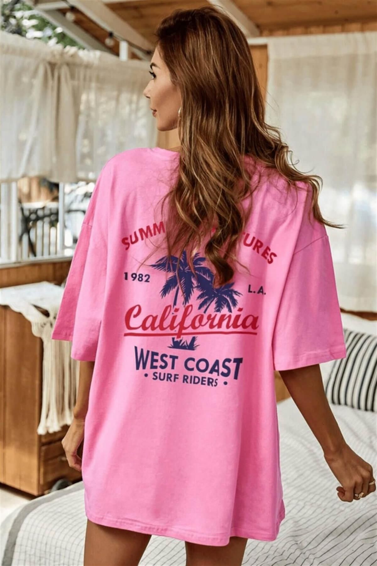 Teenage Millionaire Kadın Pembe Oversize California Baskılı T-shirt - K2106