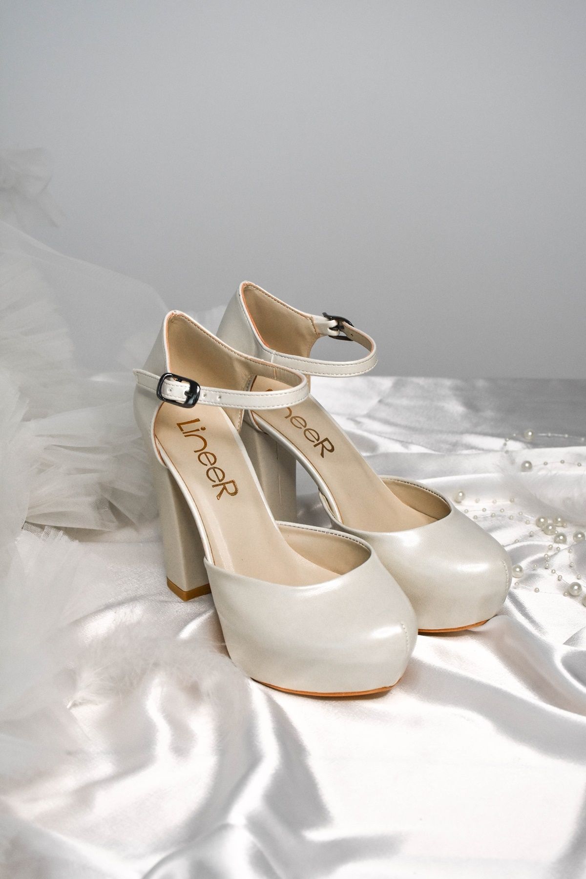 LİNEER Kadın Sedef Kırık Beyaz Renk 12 Cm Platform Topuklu Abiye Gelin Ayakkabısı