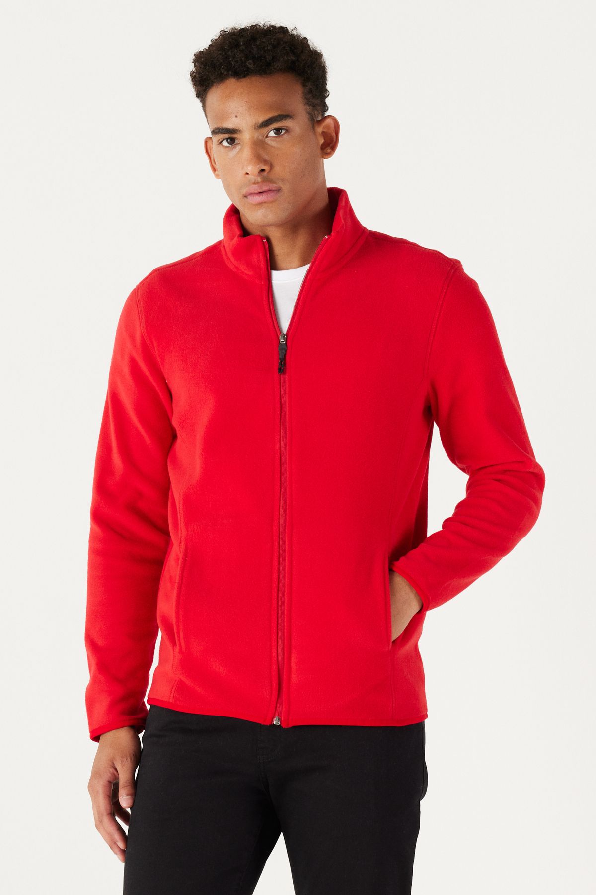 AC&Co / Altınyıldız Classics Erkek Kırmızı Anti-pilling Tüylenme Yapmayan Standart Fit Dik Bato Yaka Sweatshirt Polar Ceket