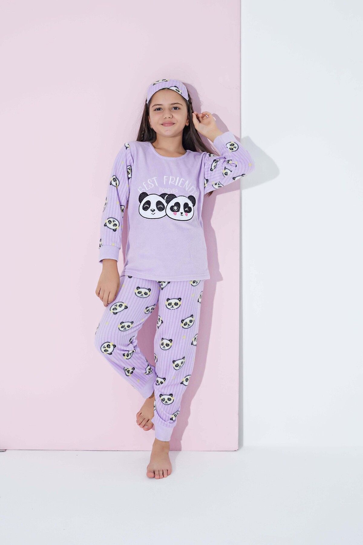 Tarık Kız Genç VE Çocuk Panda Desenli Uzun Kollu Polar Peluş Kumaş Kışlık Sıcak Tutan Pijama Takımı