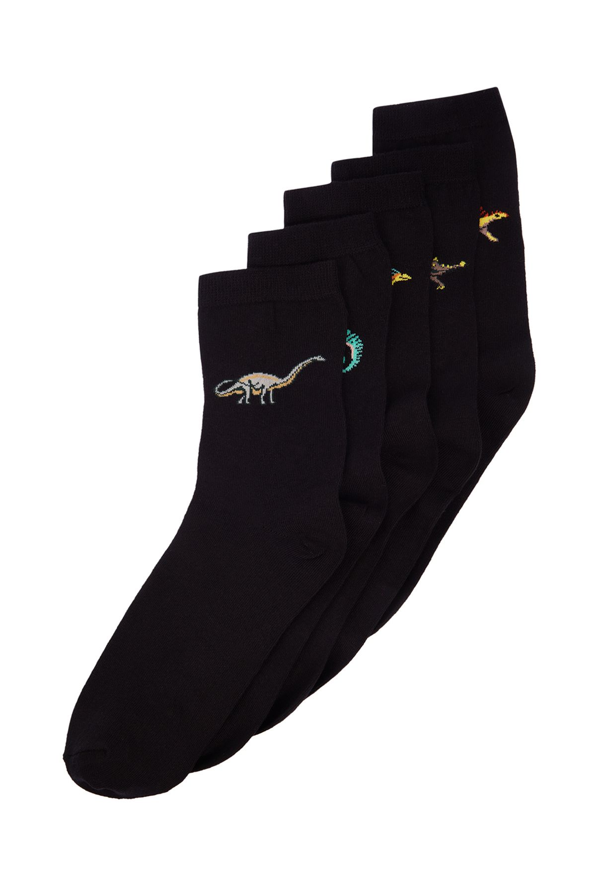 TRENDYOL MAN Siyah Pamuklu 5'li Paket Dinozor Desenli Soket-Uzun Çorap TMNAW24CO00007