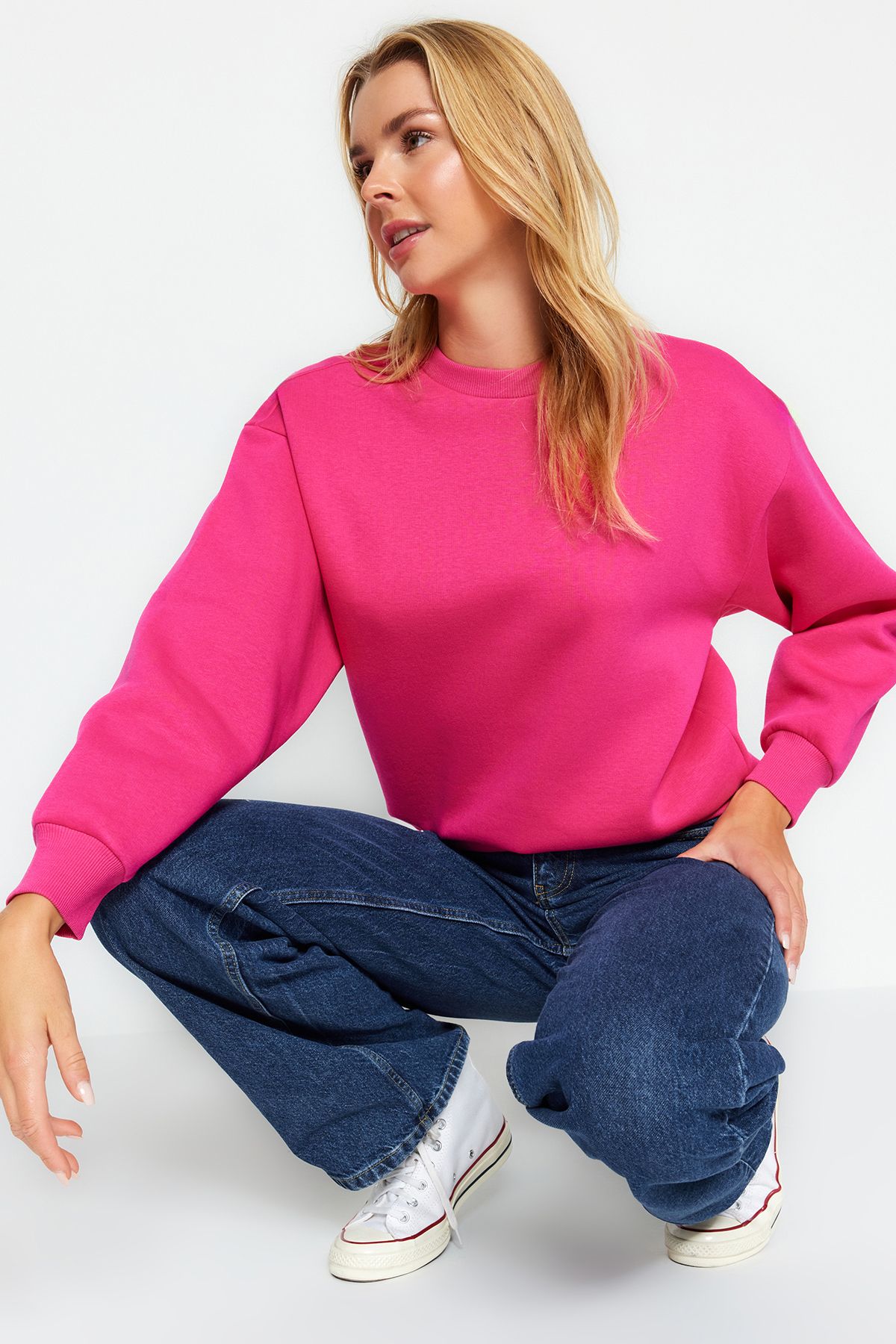 Trendyolmilla Fuşya Kalın İçi Polarlı Regular/Normal Kalıp Bisiklet Yaka Basic Örme Sweatshirt TWOAW24SW00101