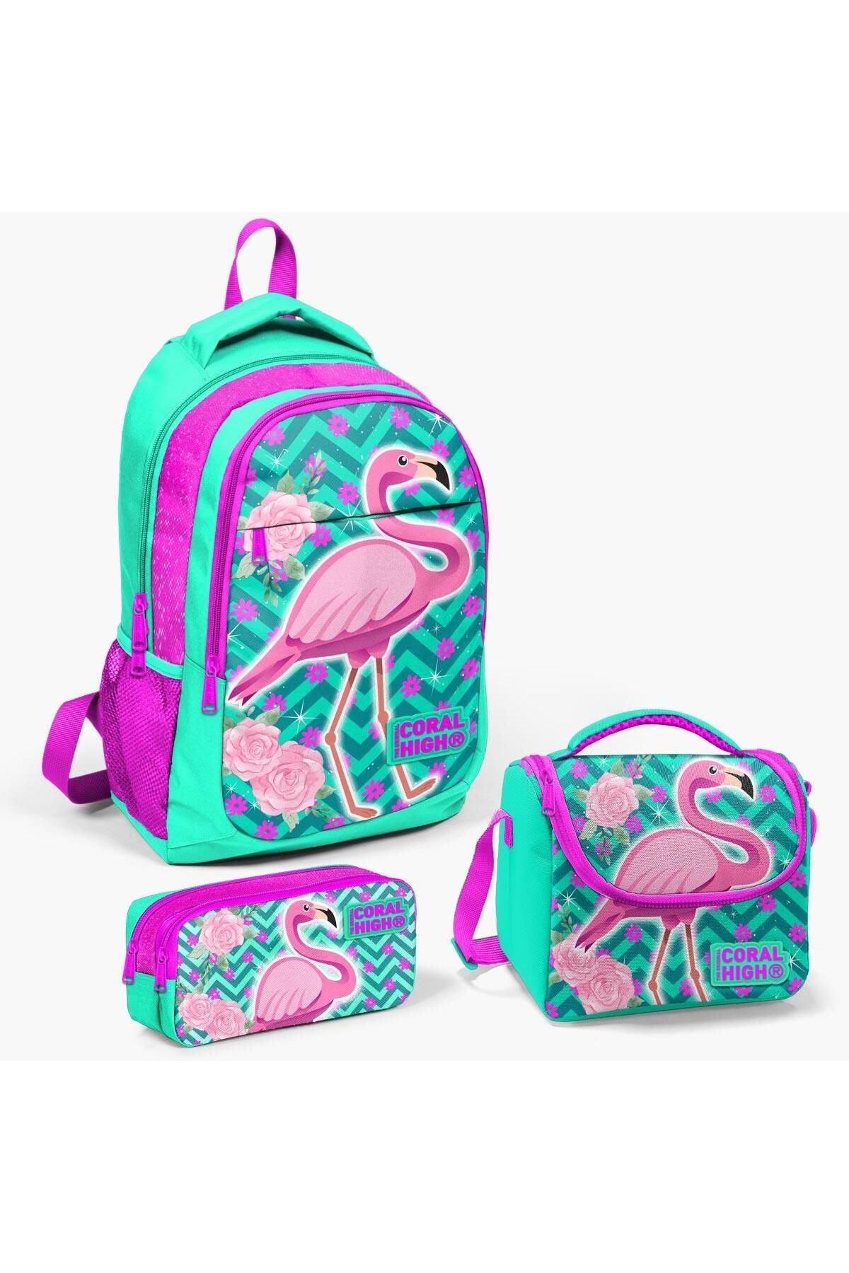 Yaygan Coral High Kids Su Yeşili Pembe Simli Flamingo Desenli 3’lü Okul Çanta Seti