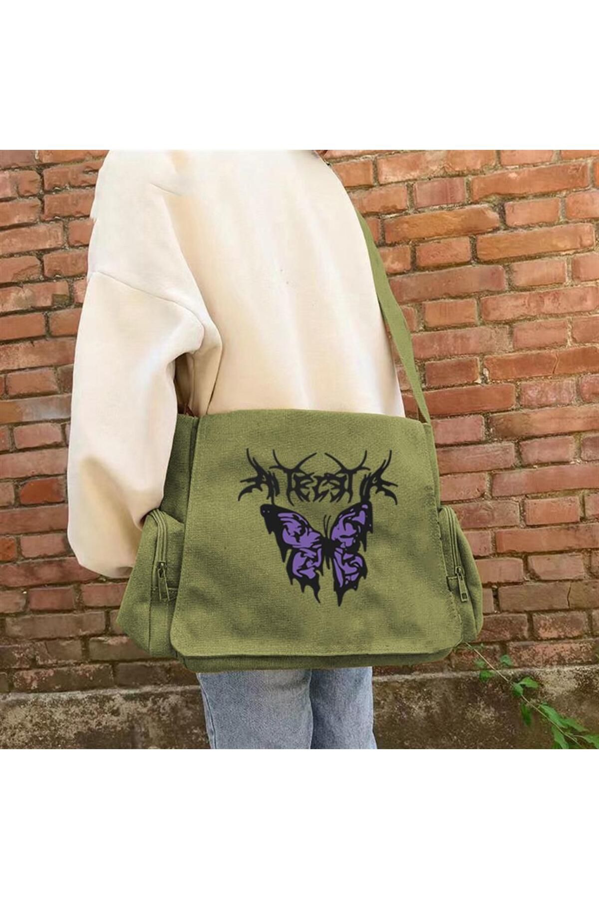 DEEFWEAR Gothic Purple Butterfly Baskılı Unisex Yeşil Postacı Çantası