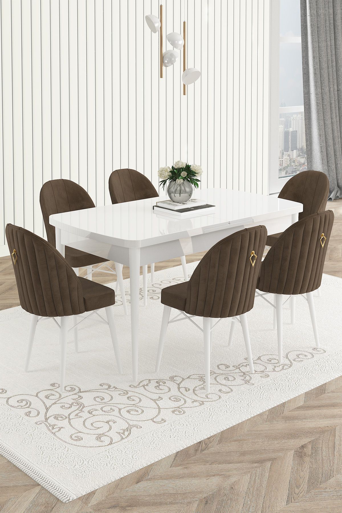 Haus concept MONACO Beyaz Mermer 80x132 Açılabilir Mutfak Masa Takımı ve Yemek Odası Takımı 6 Adet Sandalye